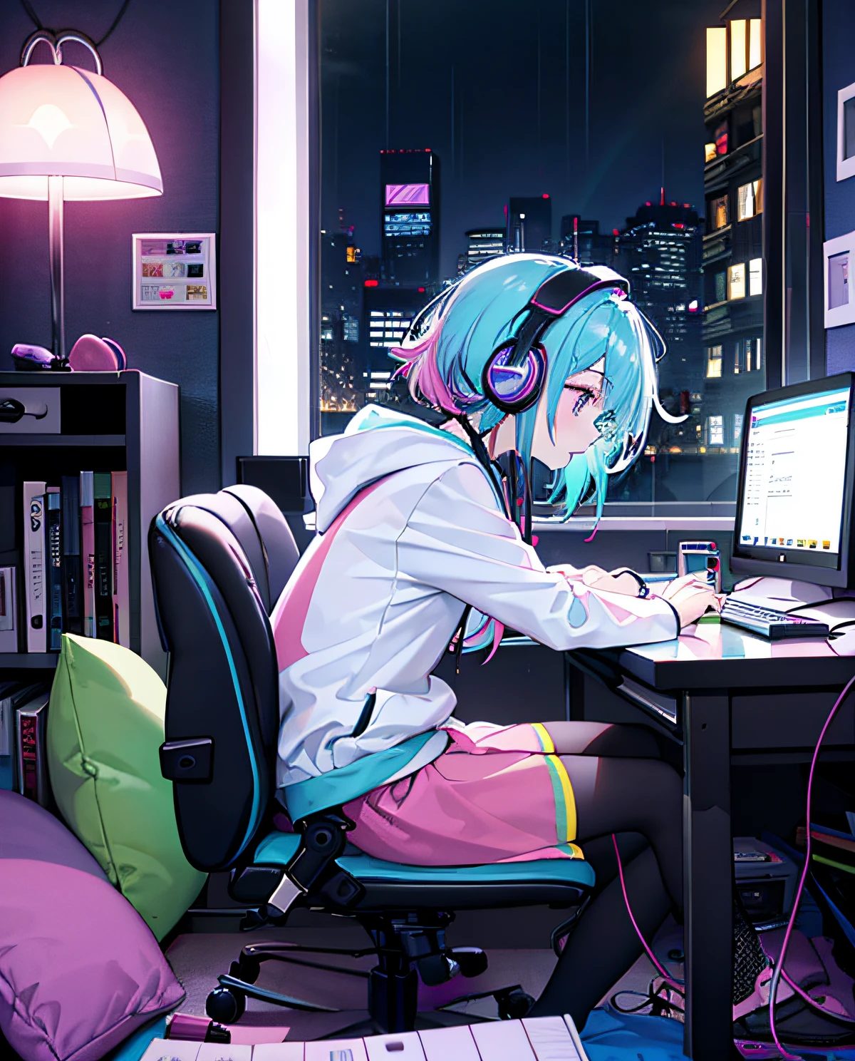 neon color、It's raining outside、profile、A fantastic atmosphere with neon colors、Girl with sad eyes in dark room is writing a novel on computer、She wears headphones and a big silhouette hoodie、The room is cluttered with a girlish room、Books, cushions, etc. are scattered in the room、(rainbow-colored hair、colourful hair、Half blue and half pink hair:1.2)、