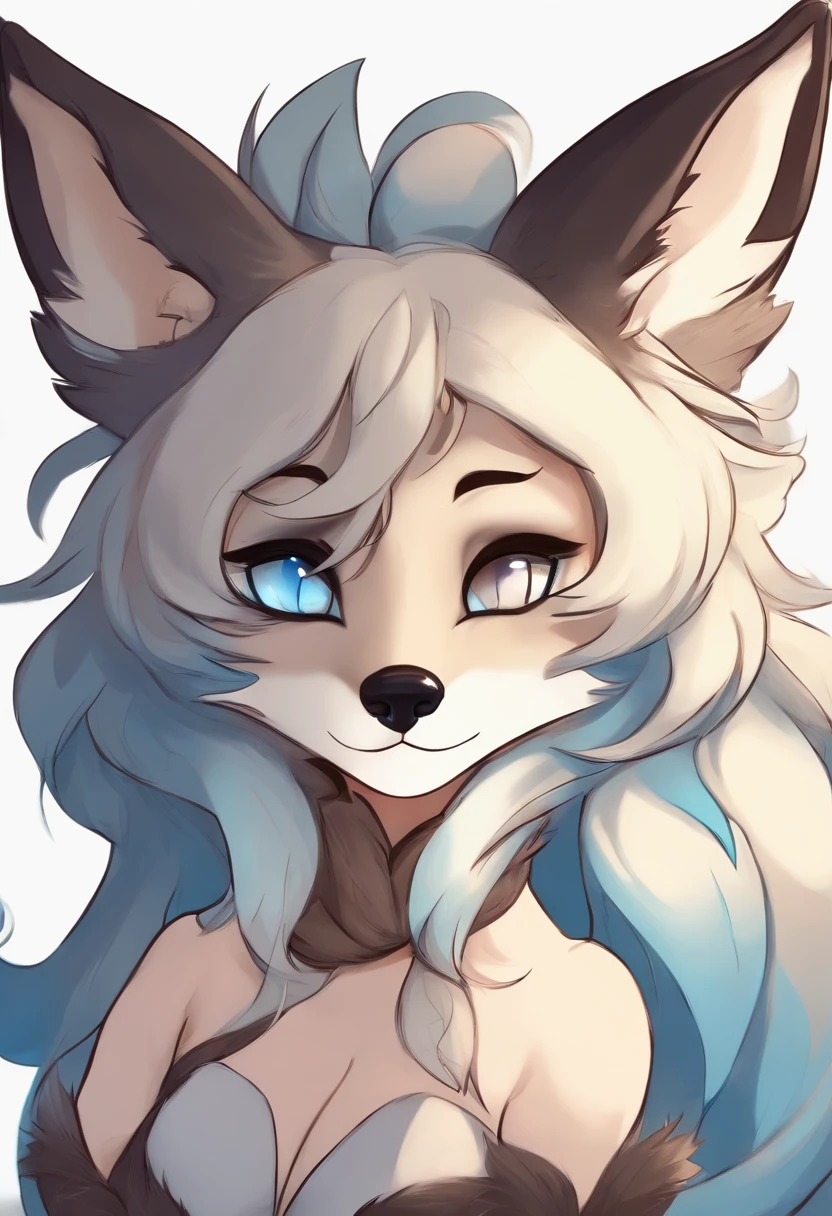 In a cute 2D art style, a busty furry female anthropomorphic fox with blue eyes, long hair the same color as her fur black ripped, naked