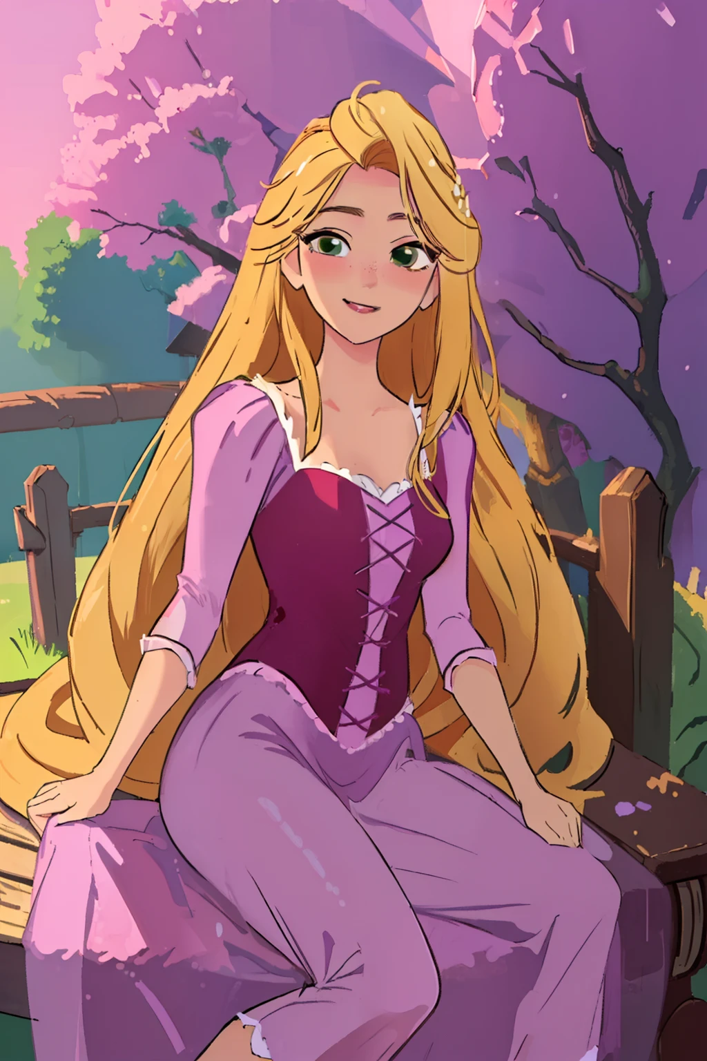 (masterpiece, best quality, high resolution:1.4), rapunzel, green eyes, (loose hair:1.3), looking at viewer, purple princess dress,  smile, outdoors, skirt long,