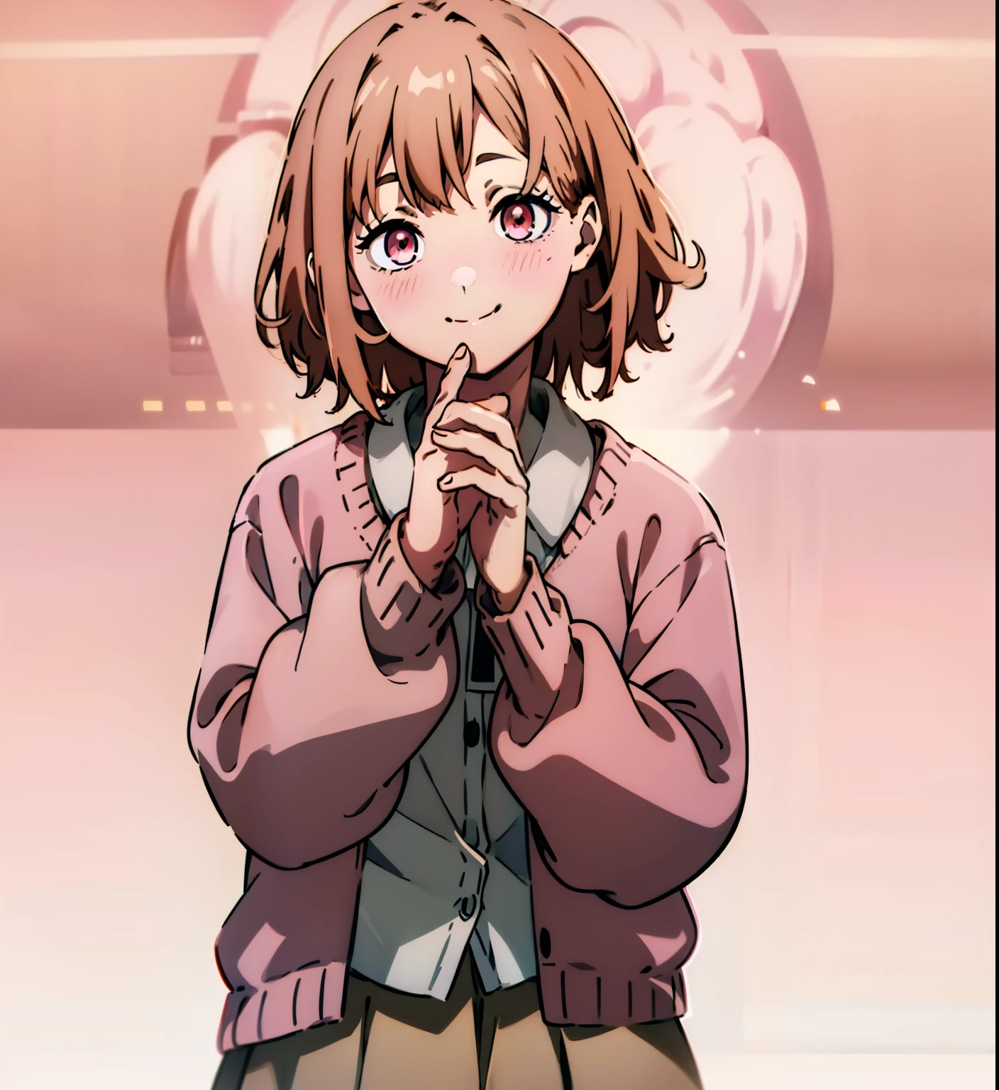 Short brown hair, messy hair, cute outfit, brown cardigan, long sleeves covering hands, button up white undershirt, grayish pink skirt, smile, cute, non-binary, kawaii, light pink eyes, eyelashes, blush, smile