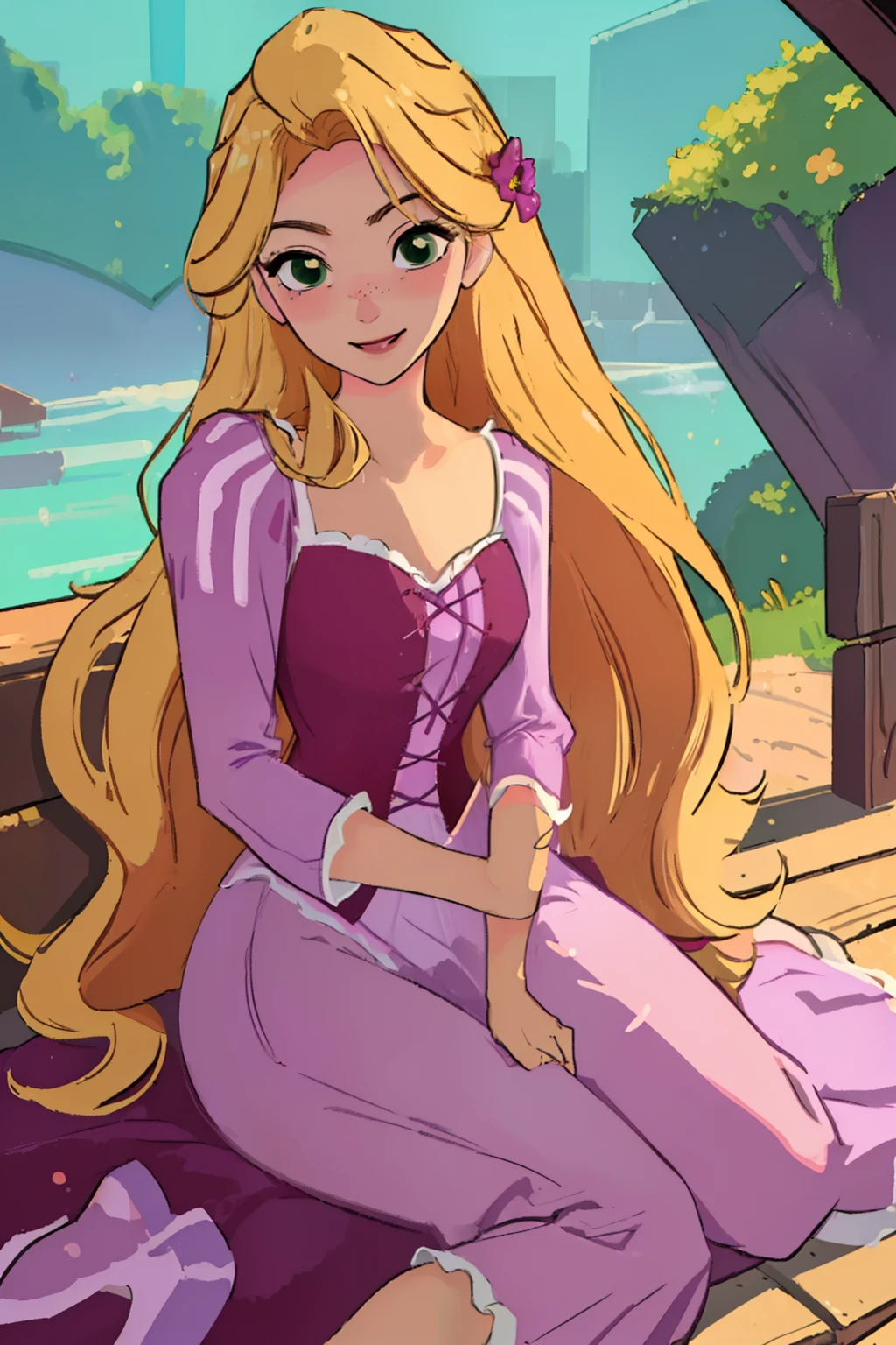 (masterpiece, best quality, high resolution:1.4), rapunzel, green eyes, (loose hair:1.3), looking at viewer, purple princess dress,  smile, outdoors, skirt long,