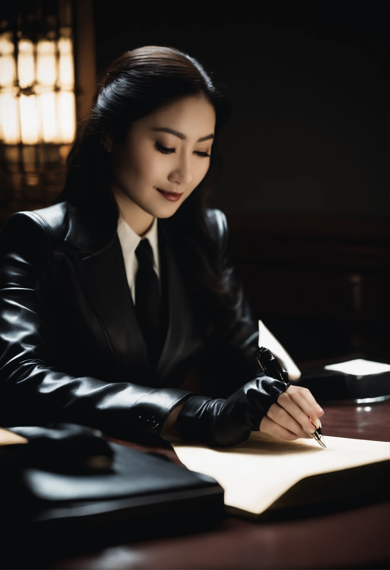 Wearing black leather gloves in both hands, upper body, black business suit, facing the desk in the modern study in the dark, looking down and smiling, writing a letter using a fountain pen, long, straight black hair, young Japanese woman (black leather gloves cover both hands)