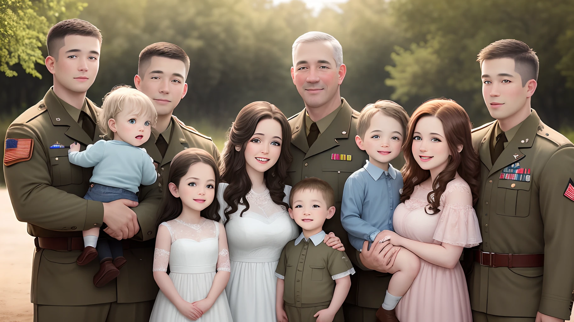 Army themed family photo with one father, and six children. Two women and four man. All the children has already grown up.