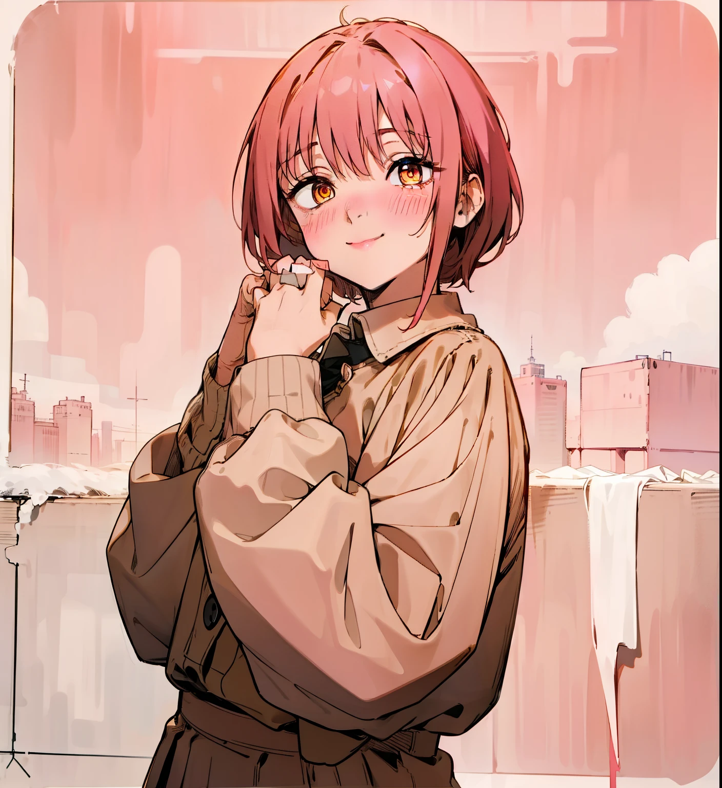 Short brown hair, messy hair, cute outfit, brown cardigan, long sleeves covering hands, button up white undershirt, grayish pink skirt, smile, cute, non-binary, kawaii, light pink eyes, eyelashes, blush, smile