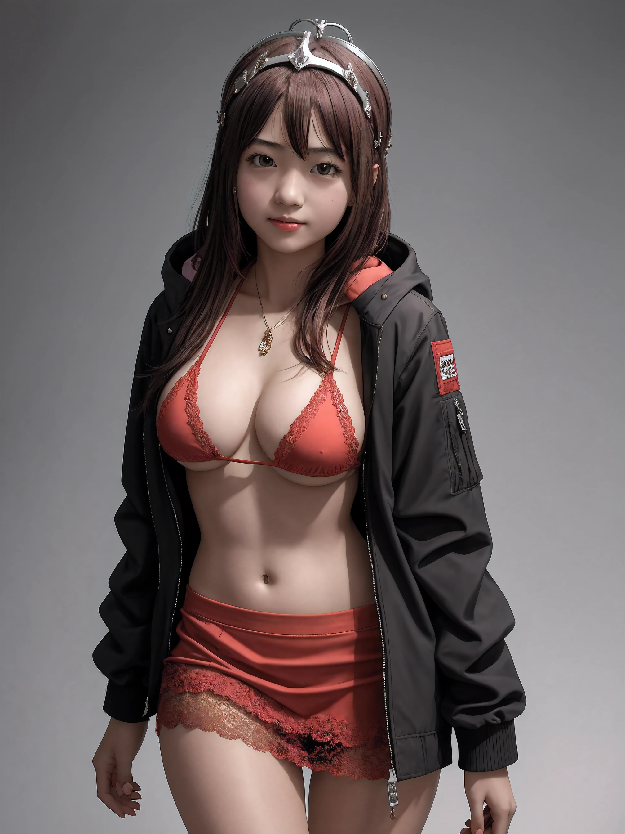 (best quality, masterpiece:1.2), (best illustration), (extremely detailed illustration), (looking at viewer:1.4), (1girl, yo, cute:2), bangs, (intricate_lace_see-through), (micro_bikini:1.3), black_skirt, pink_hair, smile, cowboy_shot, gradient, gradient_background, grey_background, hood, hood_down, jacket, lips, long_hair, long_sleeves, looking_at_viewer, open_clothes, open_jacket, skirt, sleeves_past_wrists, solo, standing, red_jacket, (jewelry_halo_headpiece), (large_breasts:1.2), g-string,