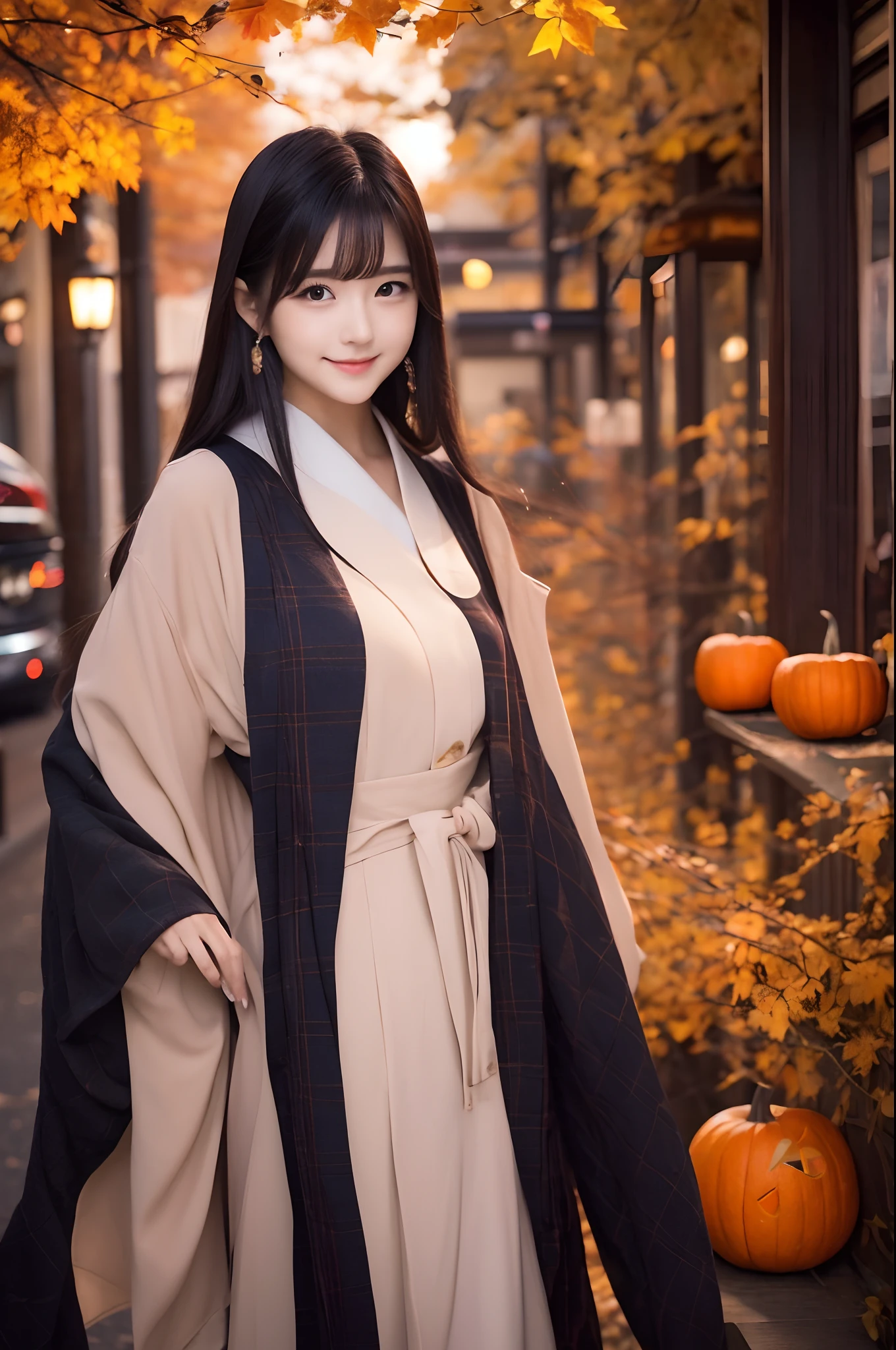 A Japanese Lady、Autumn outfit、In the city at dusk、Halloween atmosphere、a blond、a 20 yo woman、Extraordinary beauty、silky smooth long hair、Long bangs、Dating、Turn around and smile、Absolute Idol