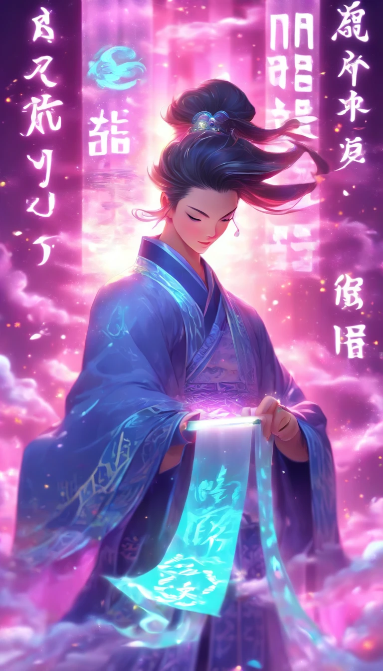 1boys,Solo,Young scholars of ancient China,(Hold the transparent illuminated scroll:1.5),(Transparent glowing kanji hovering in midair:2),(Transparent kanji background:1.5),Vertical text,glittery,Scholar in blue robes,Long flowing hair flutters in the wind,16k, hyper HD, high resolution, Very detailed, Best image quality,dynamicposes,(20 columns of Chinese characters:2),arranged in an orderly fashion