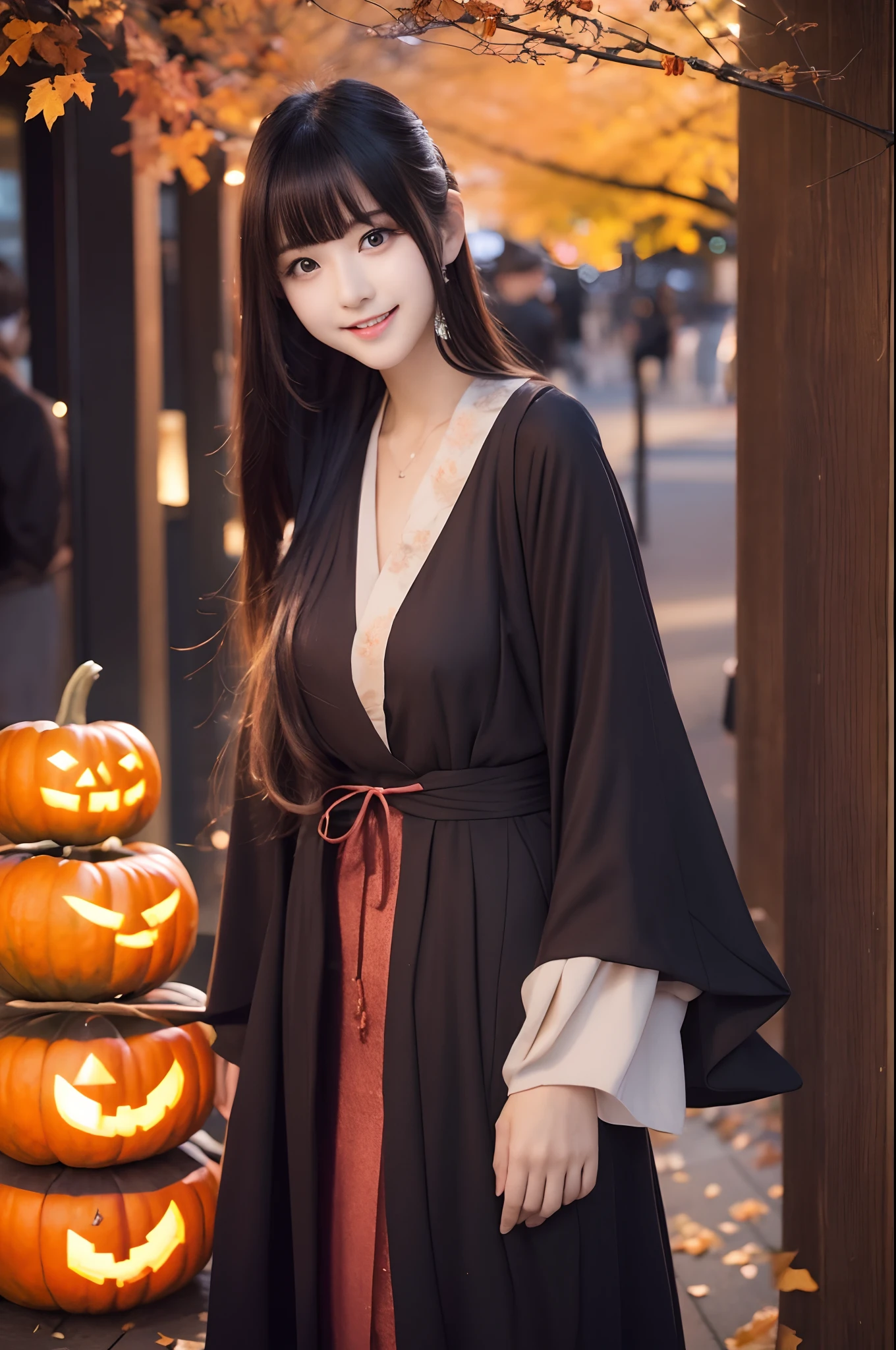 A Japanese Lady、Autumn outfit、In the city at dusk、Halloween atmosphere、a blond、a 20 yo woman、Extraordinary beauty、silky smooth long hair、Long bangs、Dating、Turn around and smile、Absolute Idol