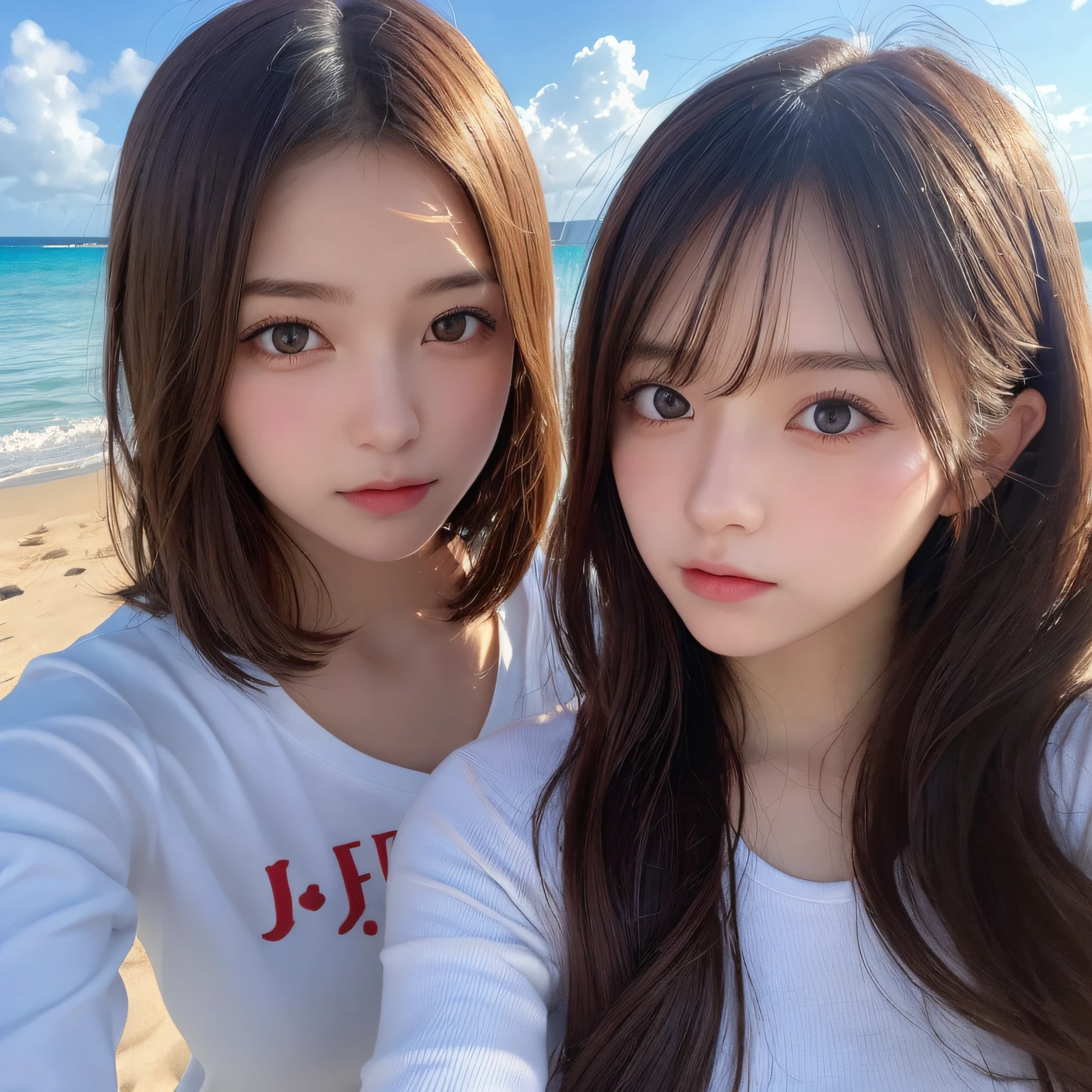 2 girls, 17yo,masutepiece, Best Quality, Illustration, Ultra-detailed, finely detail, hight resolution, 8K Wallpaper, Perfect dynamic composition, Beautiful detailed eyes,  Natural Color Lip,Beach, Random and cute poses, selfie photo