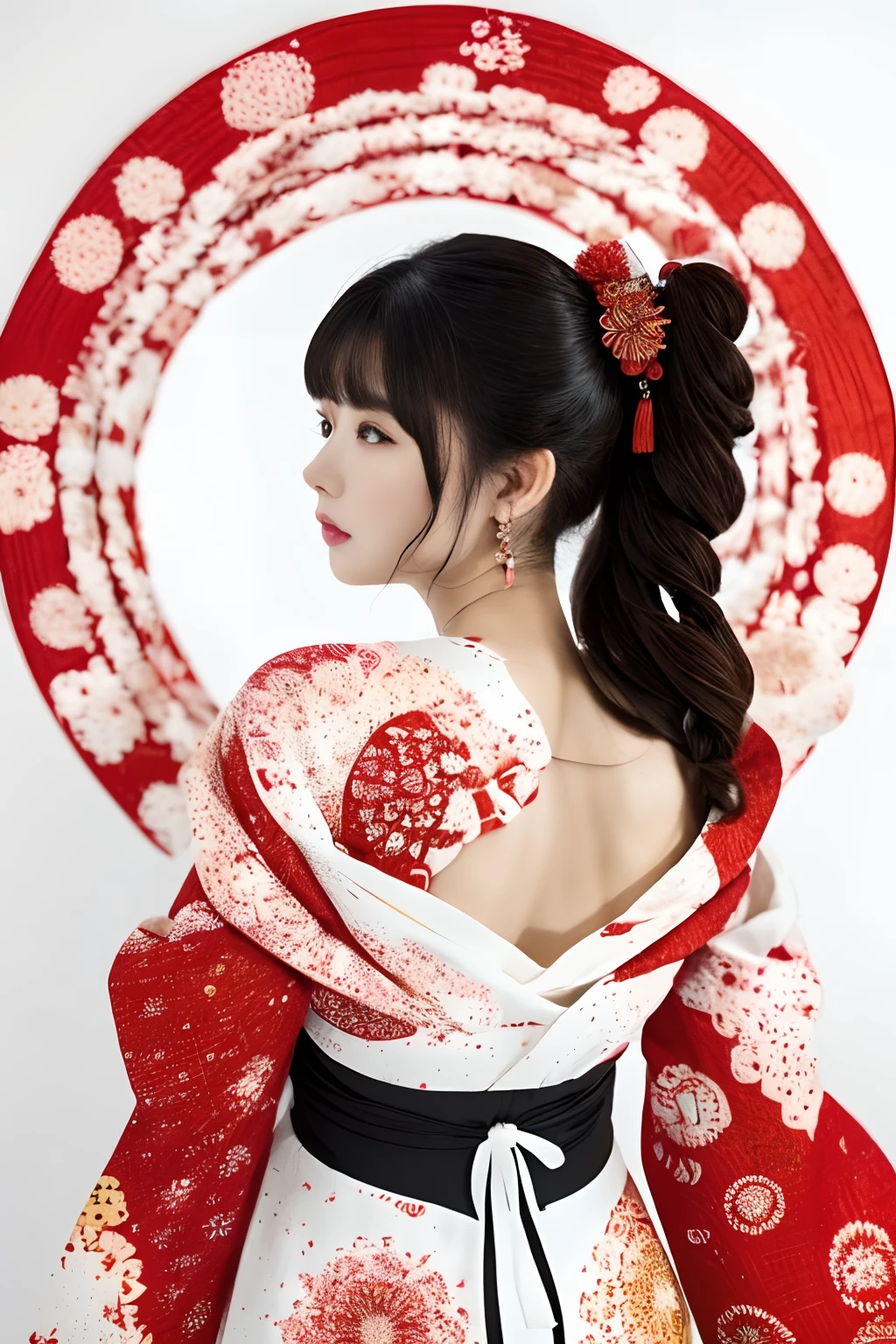(((white backgrounid、a white world)))、unity 8k wall paper、ultra-detailliert、Beautifully Aesthetic、masterpiece、top-quality、(Zentangle、a Mandala、Tangles、Tangles)、(Fractal Art:1.3)、One girl、Beautiful black hair、japanes、large pink、Red kimono、Japanese dress、ighly detailed、Dynamic angles、Cowboy Shots、The most beautiful forms chaos、elegent、Brutalist design、Vibrant colors、romantism、Atmosphere、ecstasy musical notes、Streaming music notes are visible、(((white backgrounid、Pure white background、Red circle)))