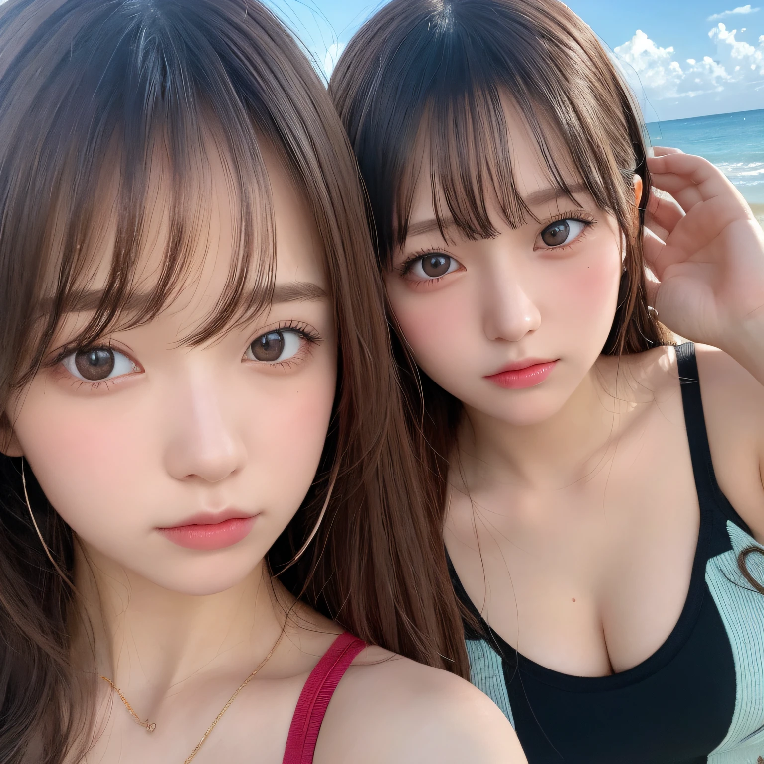 2 girls, 17yo,masutepiece, Best Quality, Illustration, Ultra-detailed, finely detail, hight resolution, 8K Wallpaper, Perfect dynamic composition, Beautiful detailed eyes, Natural Color Lip,Beach, Random and cute poses, selfie photo