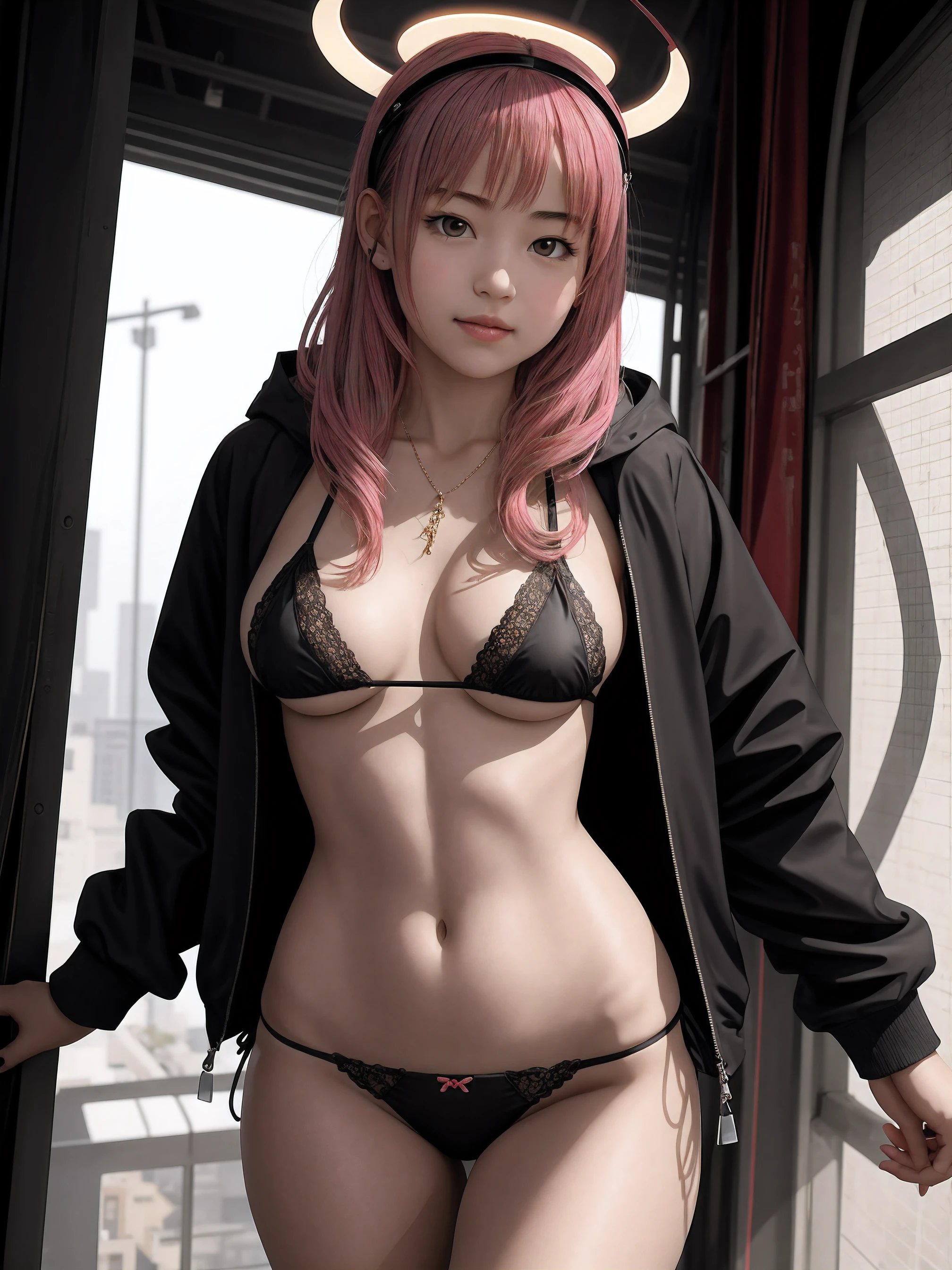 (best quality, masterpiece:1.2), (best illustration), (extremely detailed illustration), (looking at viewer:1.4), (1girl, yo, cute:2), bangs, (intricate_lace_see-through), (micro_bikini:1.3), black_skirt, pink_hair, smile, cowboy_shot, gradient, gradient_background, grey_background, hood, hood_down, jacket, lips, long_hair, long_sleeves, looking_at_viewer, open_clothes, open_jacket, skirt, sleeves_past_wrists, solo, standing, red_jacket, (jewelry_halo_headpiece), (large_breasts:1.0), g-string,