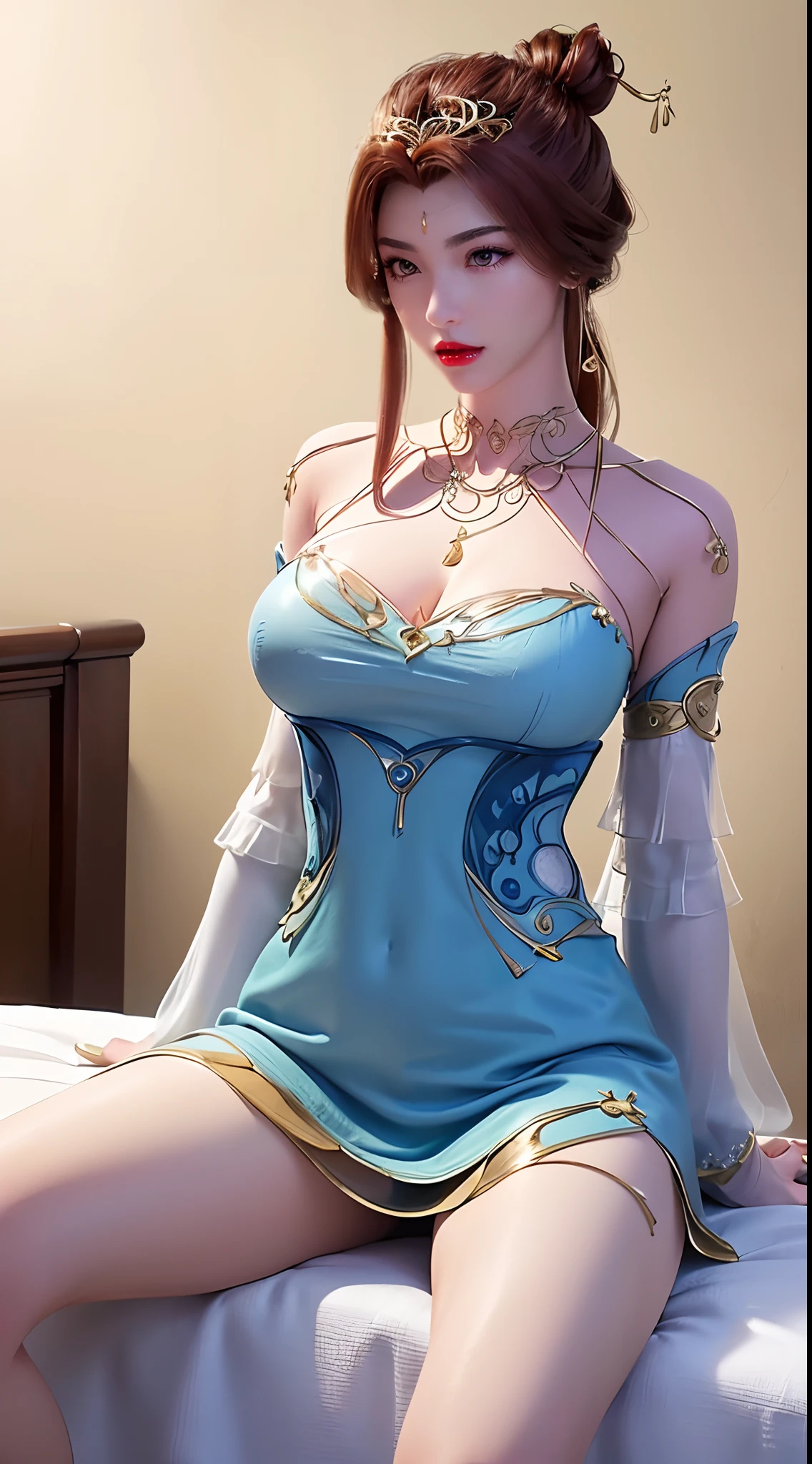 1 beautiful and sexy 20 year old girl, ((wear Blue antique nightgown is super invisible and sexy:1.6)), not wearing pants, sexy hanfu style, waist-length brown hair, jewelry elaborately made from precious stones and beautiful hair, ((wearing a 24k gold lace necklace:1.4)), the noble, noble style of an extremely beautiful girl, her small face is super cute, her face is very pretty, thin eyebrows, flawless beautiful face, ((black eye pupils: 0.8)), very beautiful eyes, ((brown eyes: 1.6)), (((big round eyes:1.6))), nice makeup and hair detailed eyelashes, steamy eye makeup, high nose, earrings, red lips, ((closed mouth: 1.5)) beautiful lips, slim hands, most beautiful thighs, ((arms spread out to the sides: 1.5)), rosy face, clean face, flawless beautiful face, smooth white skin, (big breasts: 1.5)), tight breasts, beautiful cleavage, (((big breasts and super round: 1.8))), beautiful breasts, perfect body, back arms, chest out, ((sitting position, leaning back with hands behind and chest raised high: 1.8)), ((Open your legs:1.5)), not ashamed, 8k photo, super high quality, super realistic, super 10x pixels, optical, bright studio, bright edges, dual-tone lighting, (high-detail skin:1.2), super 8k, soft lighting, high quality, volumetric lighting, photorealistic, photorealistic high resolution, lighting, best photo, 4k, 8k quality, smooth sharp, 10x pixel, ((Romantic bedroom and white bed background:1.5)), aurora, lightning, super graphics realistic, most realistic graphics, 1 girl, alone, solo, Extremely sharp image, surreal, (((upper body: 1.5)))."