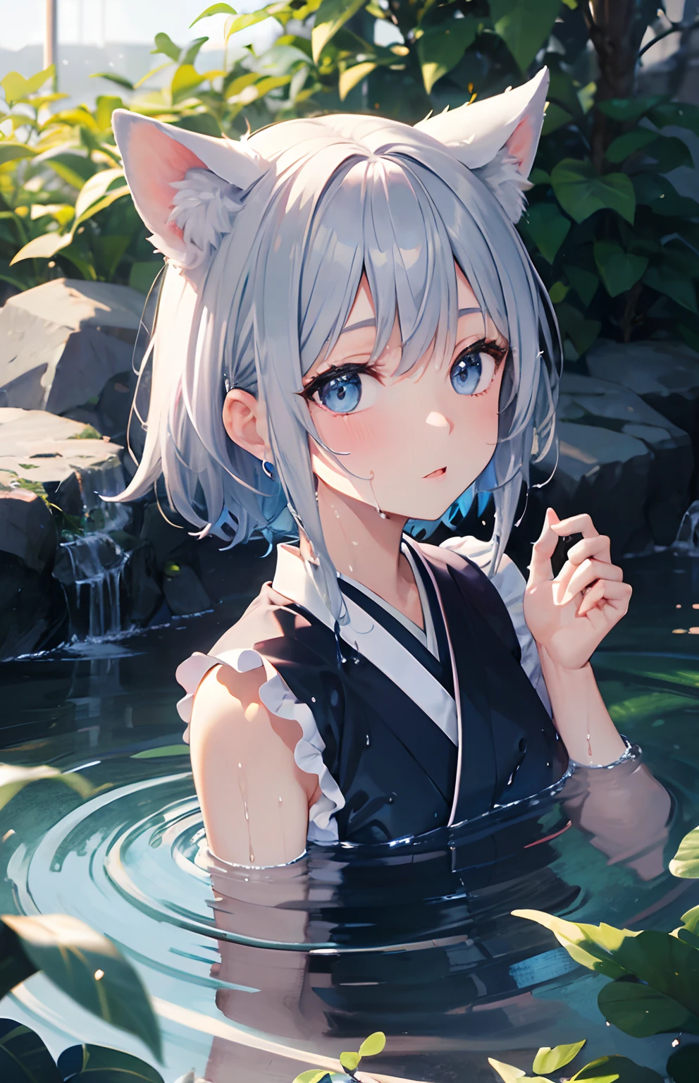 ​masterpiece,Top image quality,hight resolution,imagem 4k,Raw photo,Photorealsitic,{Solo},teens girl,Embarrassment,Silverberry Shorthair,stare at each other,Wet,Blue eyes,小柄,Silver fox ears,Fox tail,Bathing in water,boyish,Japanese style maid