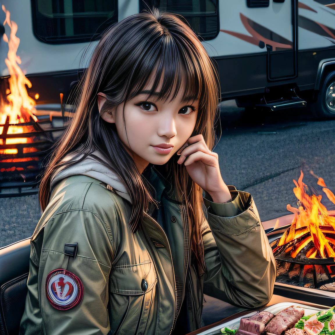 (Table and bonfire in front of the RV car:1.4), (Grilled meat, salad and beer on the table:1.3), (Masterpiece:1.3), (8K), (Best Quality:1.4), (UHD:1.2), (Photorealistic:1.3),( Raw Photography), (1girl), (Ultra High Detailed), (Detailed face), very perfect beautiful and cute face, (Detailed hair), Beautiful hair, bangs, (symmetrical eyes:1.3), (Detailed eyes), (Detailed skin), Realistic skin, shiny skin, Ultra high definition, (medium breasts), (slim figure), (super model figure), gentle smile:1.2, (A very beautiful and cute young Japanese girl with a gentle expression), wide angle:1.5, 

(            wearing a Field jacket, Cargo pants,                  ),