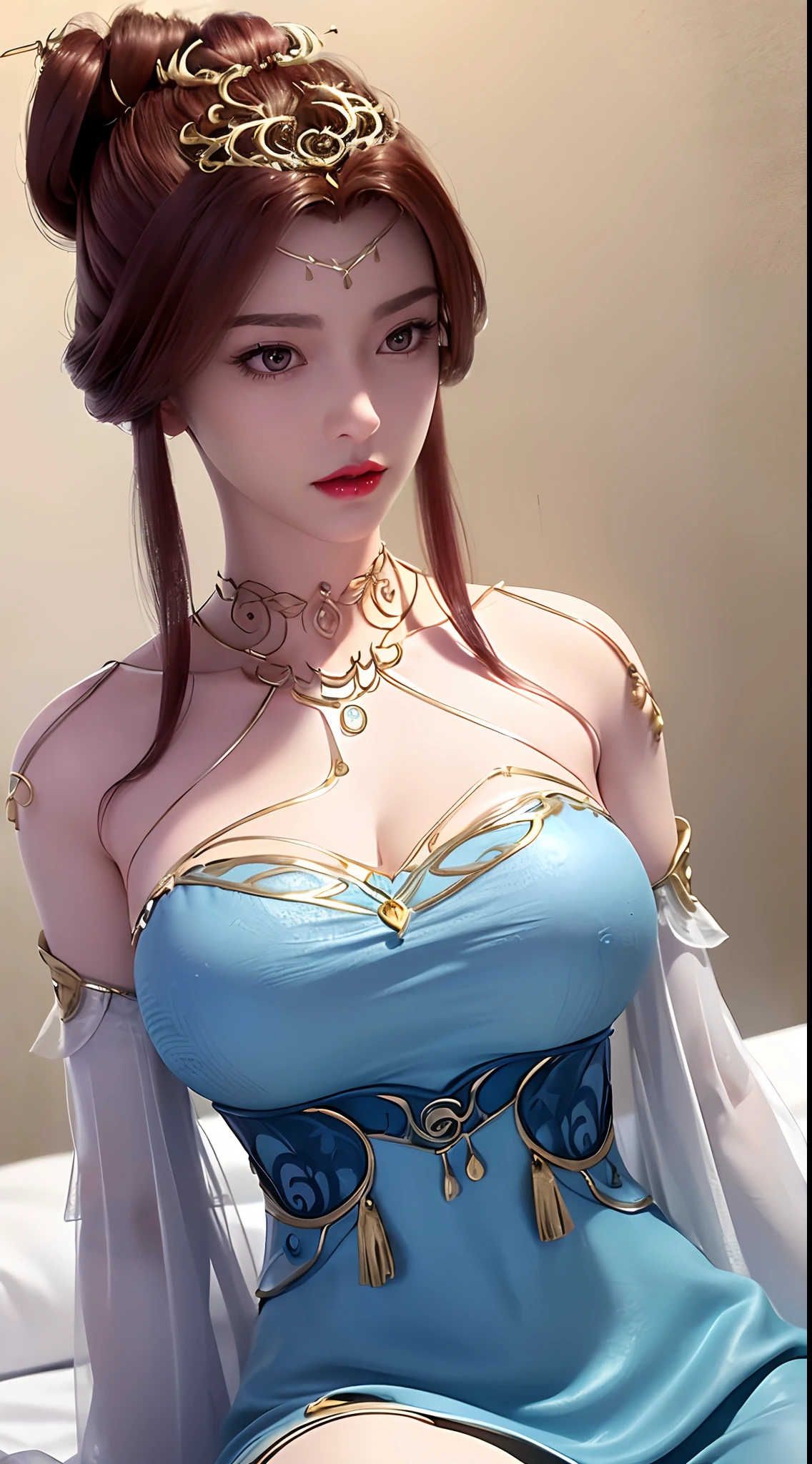 1 beautiful and sexy 20 year old girl, ((wear Blue antique nightgown is super invisible and sexy:1.6)), not wearing pants, sexy hanfu style, waist-length brown hair, jewelry elaborately made from precious stones and beautiful hair, ((wearing a 24k gold lace necklace:1.4)), the noble, noble style of an extremely beautiful girl, her small face is super cute, her face is very pretty, thin eyebrows, flawless beautiful face, ((black eye pupils: 0.8)), very beautiful eyes, ((brown eyes: 1.6)), (((big round eyes:1.6))), nice makeup and hair detailed eyelashes, steamy eye makeup, high nose, earrings, red lips, ((closed mouth: 1.5)) beautiful lips, slim hands, most beautiful thighs, ((arms spread out to the sides: 1.5)), rosy face, clean face, flawless beautiful face, smooth white skin, (big breasts: 1.5)), tight breasts, beautiful cleavage, (((big breasts and super round: 1.8))), beautiful breasts, perfect body, back arms, chest out, ((sitting position, leaning back with hands behind and chest raised high: 1.8)), ((Open your legs:1.5)), not ashamed, 8k photo, super high quality, super realistic, super 10x pixels, optical, bright studio, bright edges, dual-tone lighting, (high-detail skin:1.2), super 8k, soft lighting, high quality, volumetric lighting, photorealistic, photorealistic high resolution, lighting, best photo, 4k, 8k quality, smooth sharp, 10x pixel, ((Romantic bedroom and white bed background:1.5)), aurora, lightning, super graphics realistic, most realistic graphics, 1 girl, alone, solo, Extremely sharp image, surreal, (((upper body: 1.5)))."