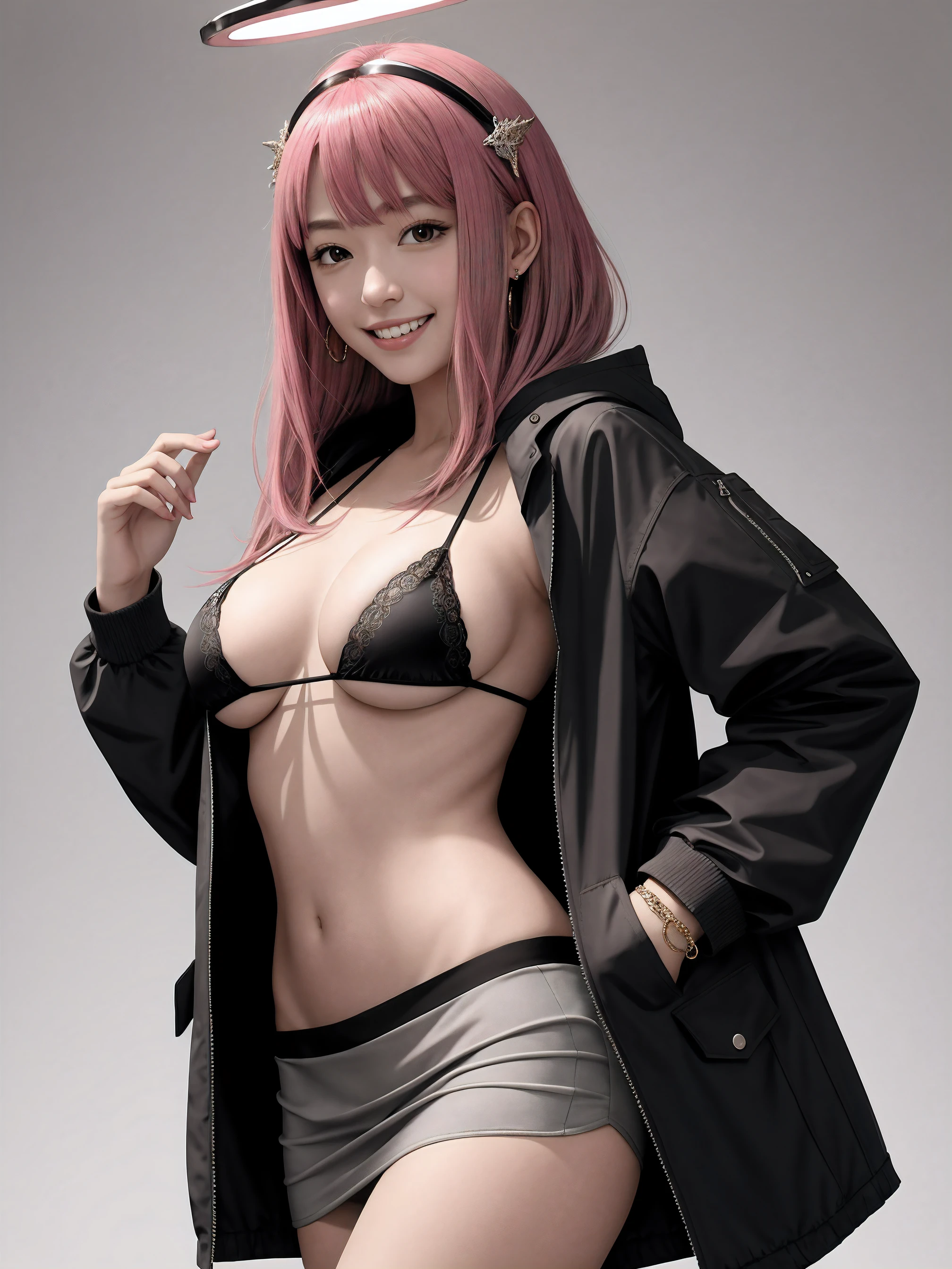 (best quality, masterpiece:1.2), (best illustration), (extremely detailed illustration), (looking at viewer:1.4), 1girl, bangs, (intricate_lace_see-through), (micro_bikini:1.3), black_skirt, pink_hair, smile, cowboy_shot, gradient, gradient_background, grey_background, hood, hood_down, jacket, teeth, long_hair, long_sleeves, looking_at_viewer, open_clothes, open_jacket, skirt, sleeves_past_wrists, solo, standing, white_jacket, (jewelry_halo_headpiece), (large_breasts:1.2),