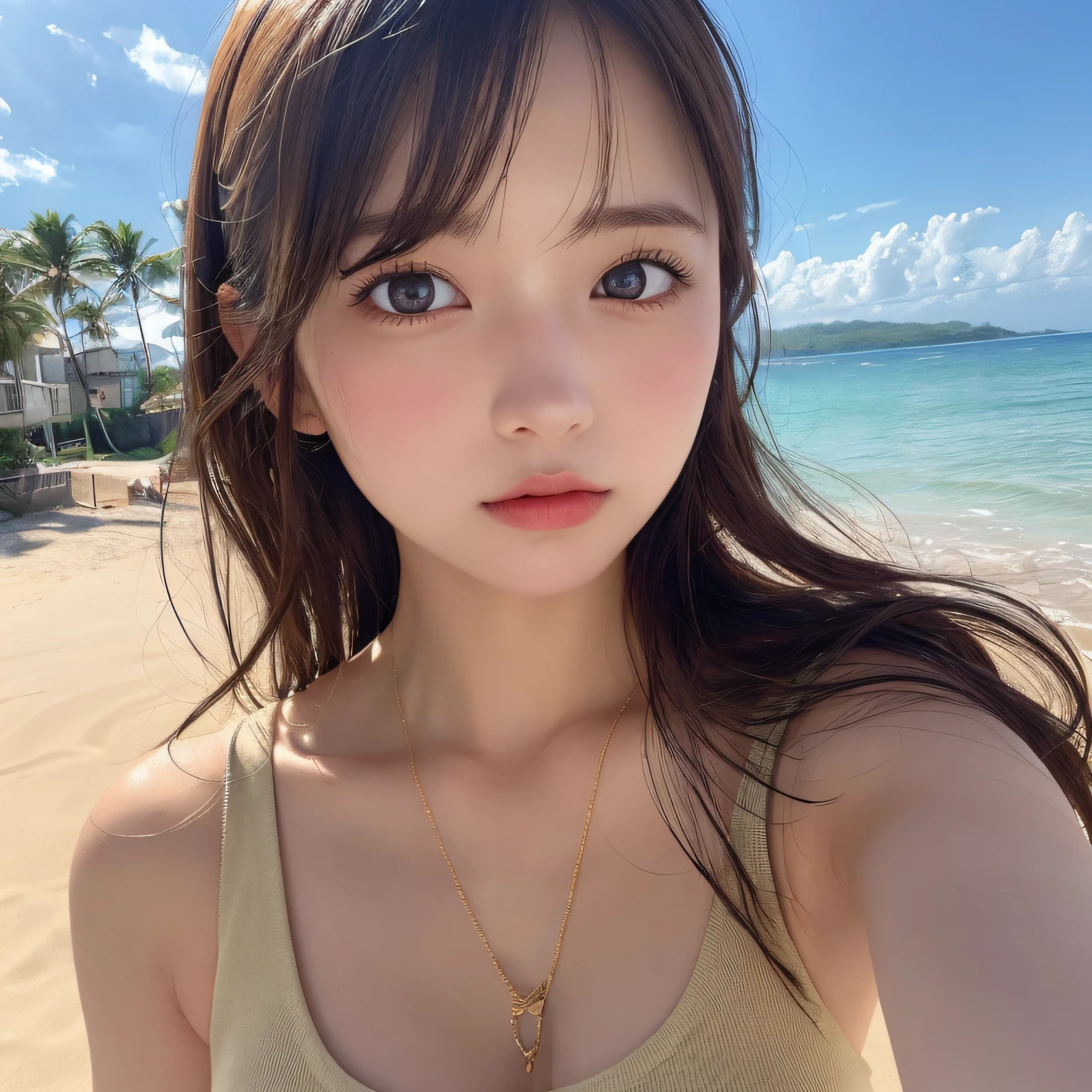 (masutepiece, Best Quality:1.3), 8K、 Official art, Raw photo, Delicate girl, close up, The bikini, Cinch West, Large breasts, Beautiful bangs、 (Solo, Beach, Horizon, Beautiful sea, skyporn, A clear day:0.8), (Simple background:1.4), (Bokeh background:1.3), face lights, , Looking at Viewer, Sharp Focus, Dynamic lighting, (Eyes and faces with detailed:1.2)
