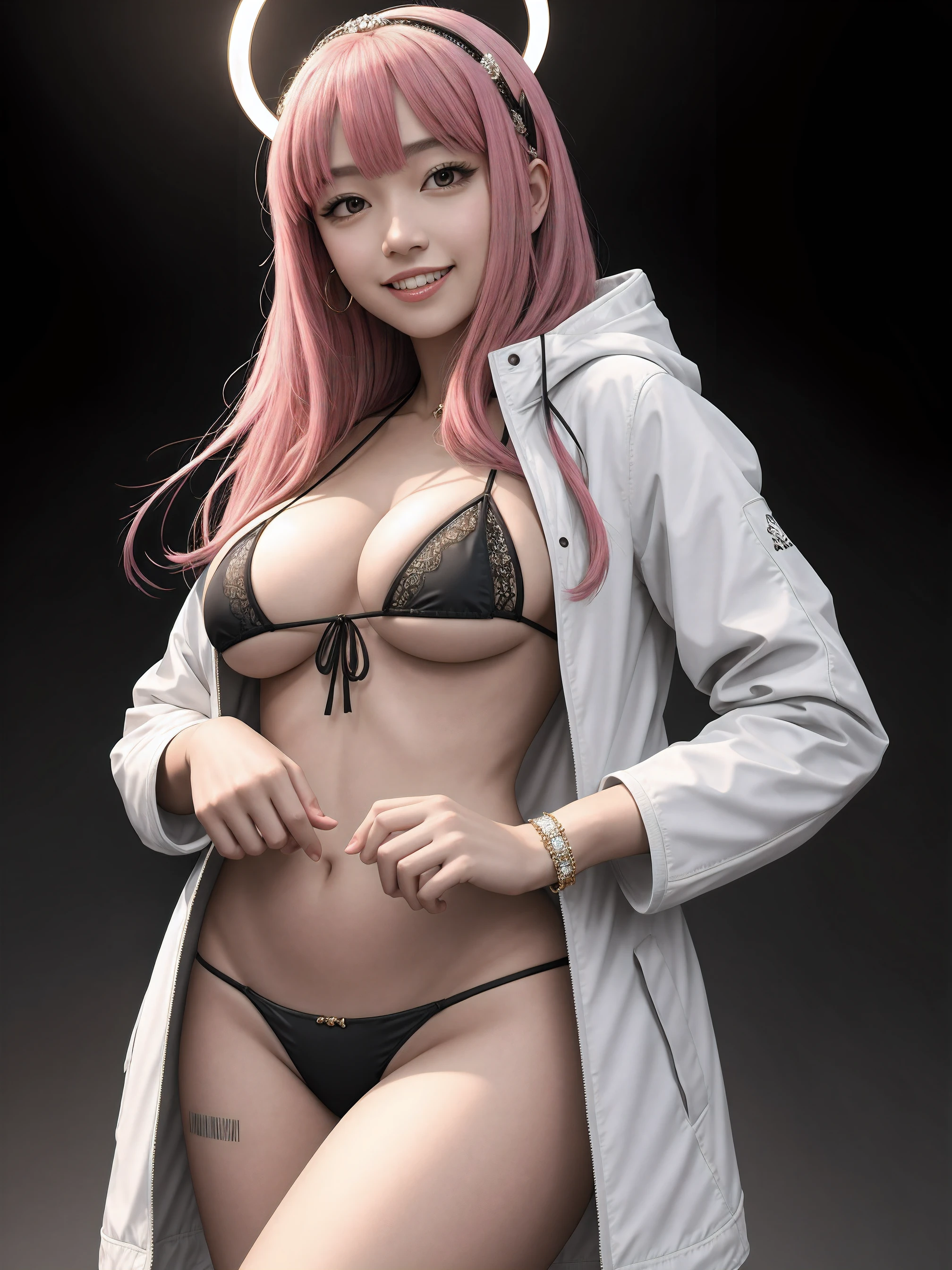 (best quality, masterpiece:1.2), (best illustration), (extremely detailed illustration), (looking at viewer:1.4), 1girl, bangs, (intricate_lace_see-through), (micro_bikini:1.3), black_skirt, pink_hair, smile, cowboy_shot, gradient, gradient_background, grey_background, hood, hood_down, jacket, teeth, long_hair, long_sleeves, looking_at_viewer, open_clothes, open_jacket, skirt, sleeves_past_wrists, solo, standing, white_jacket, (jewelry_halo_headpiece), (large_breasts:1.2),