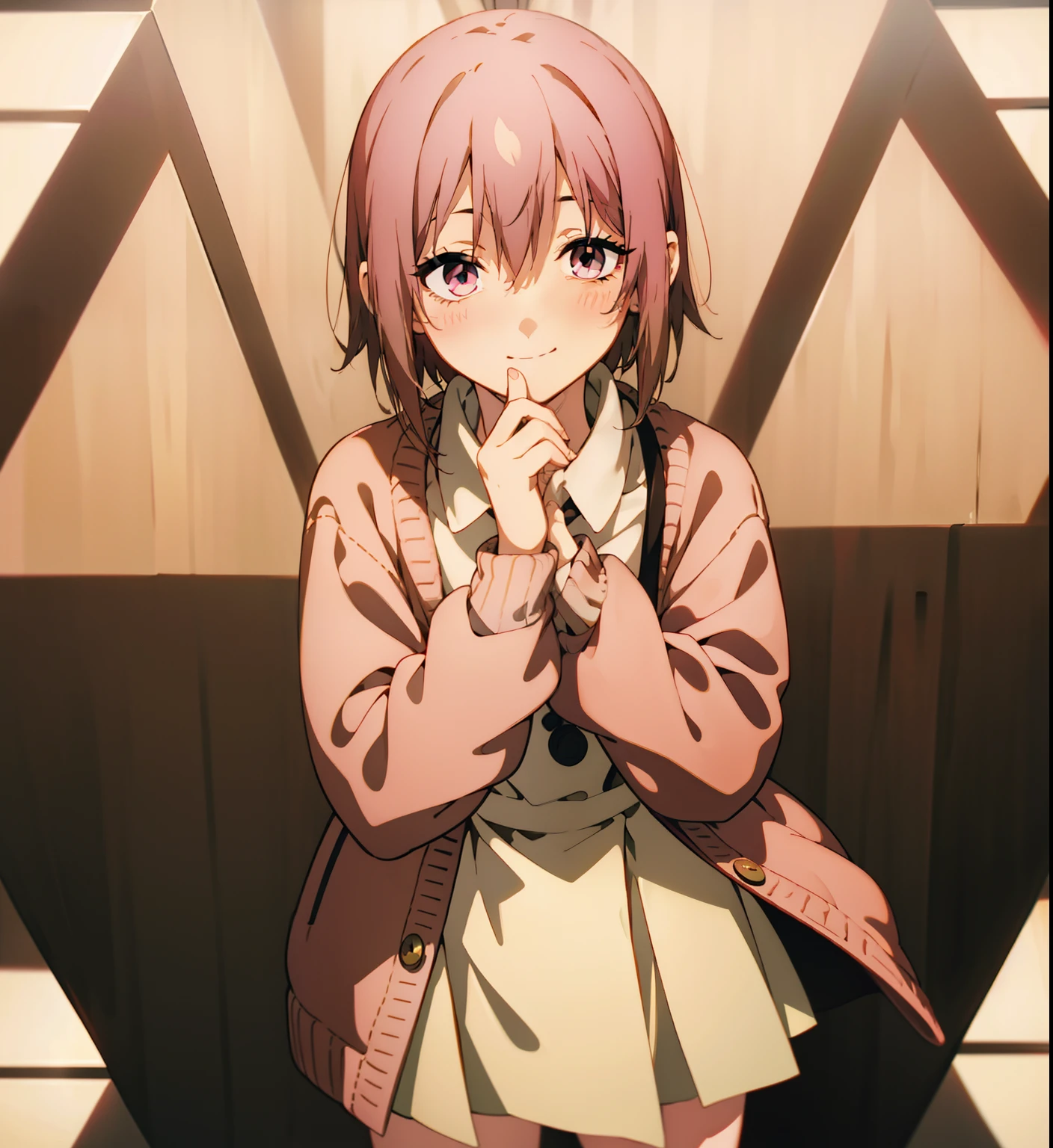 Short brown hair, messy hair, cute outfit, brown cardigan, long sleeves covering hands, button up white undershirt, grayish pink skirt, smile, cute, non-binary, kawaii, light pink eyes, eyelashes, blush, smile