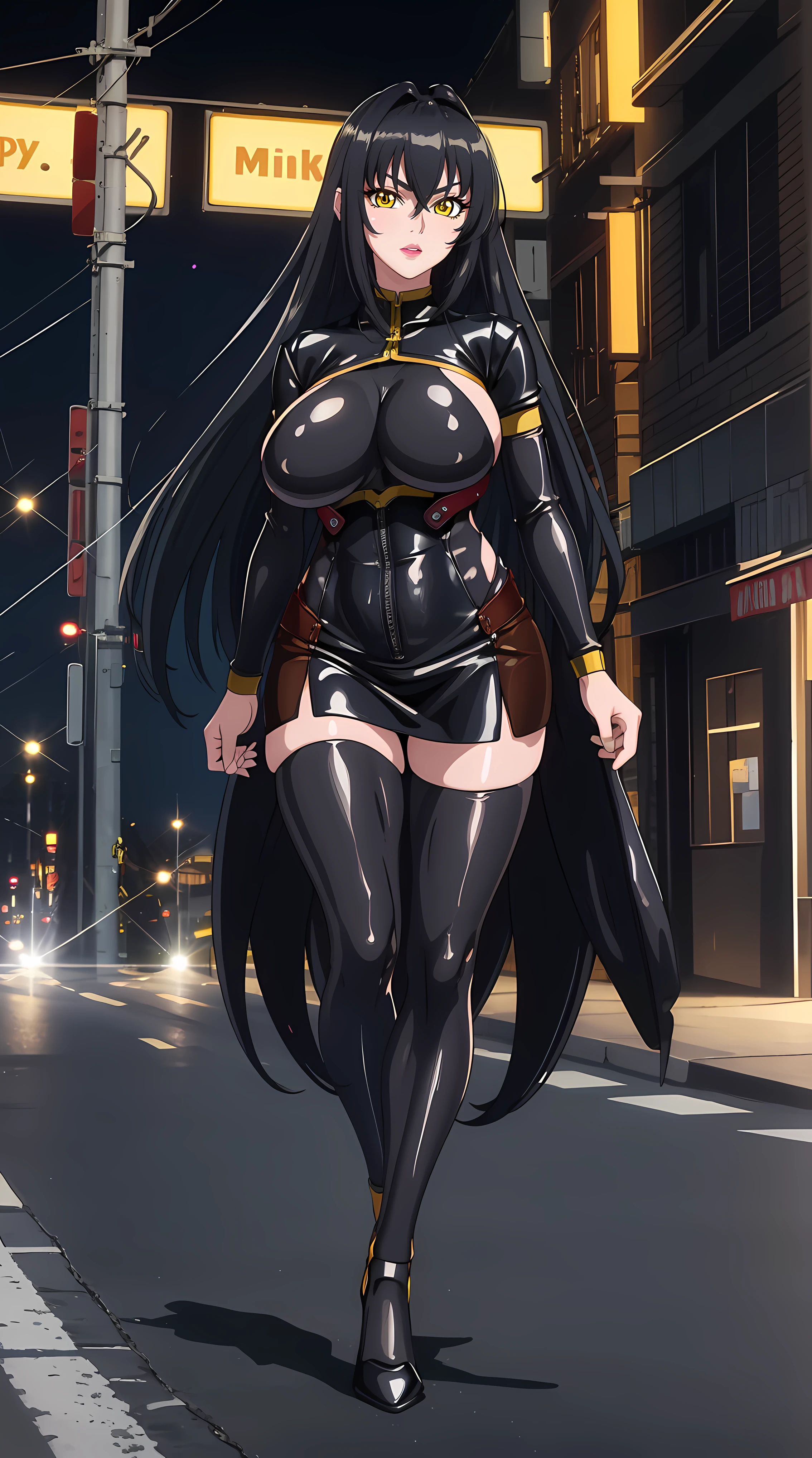 walking on road at midnight background, empty streets,
cowboy shot, Annerose,
black outfit, bodysuit latex,
black_hair,yellow_eyes, long_hair, hair intakes,
1 girl, 35yo,mature female,Beautiful Finger,Beautiful long legs,Beautiful body,Beautiful Nose,Beautiful character design, perfect eyes, perfect face,
looking at viewer, (big_yellow_eyes:1.0),(happy smile:1.3),
NSFW,official art,extremely detailed CG 8k wallpaper, perfect lighting,Colorful, Bright_Front_face_Lighting,
(masterpiece:1.0),(best_quality:1.0), ultra high res,4K,ultra-detailed,
photography, 8K, HDR, highres, absurdres:1.2, Kodak portra 400, film grain, blurry background, bokeh:1.2, lens flare, (vibrant_color:1.2)
(Beautiful,large_Breasts:1.4), (beautiful_face:1.5),(narrow_waist),