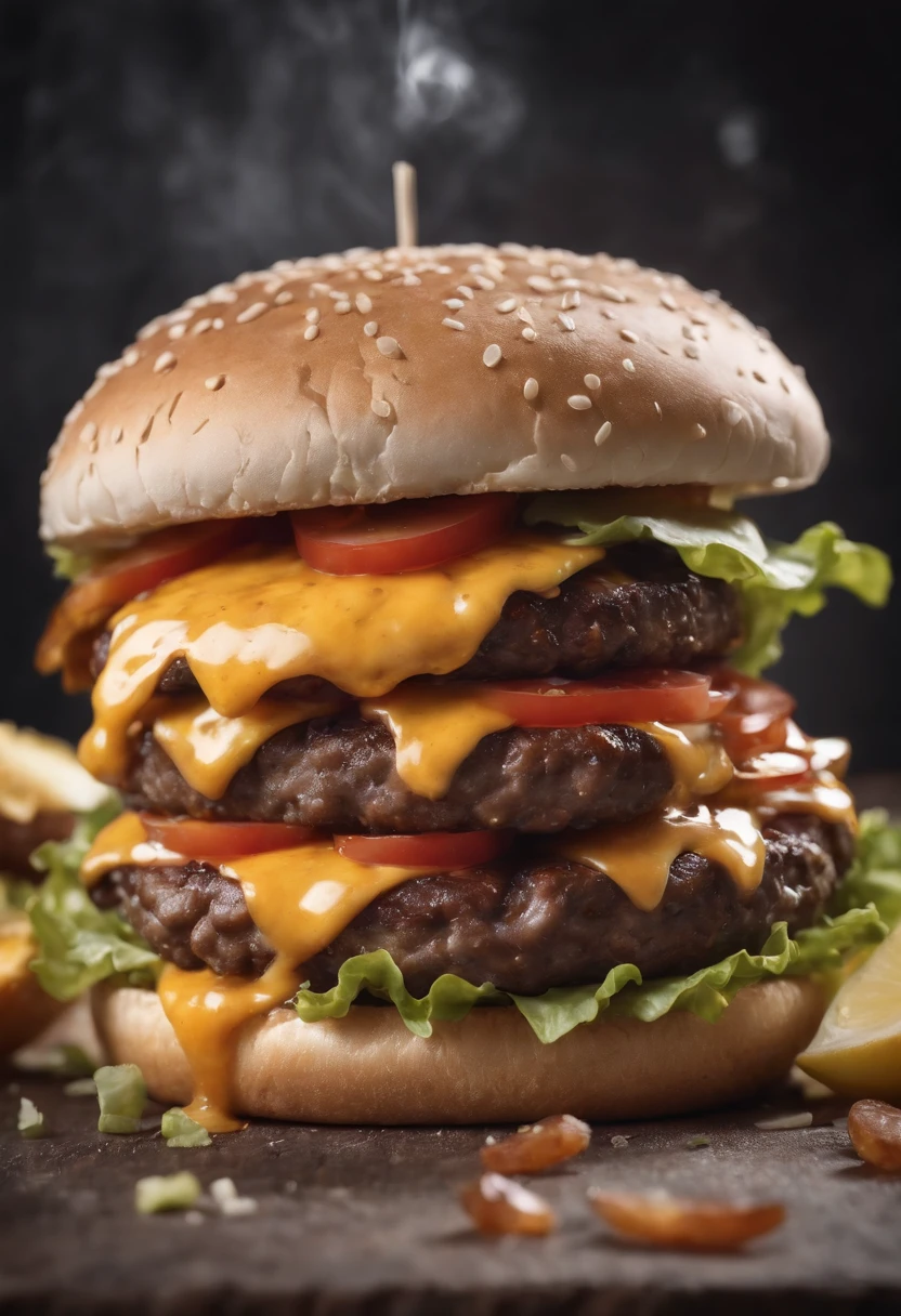 A burger falling in pieces juicy, tasty, hot, promotional photo, intricate details, hdr, cinematic, adobe lightroom, highly detailed
