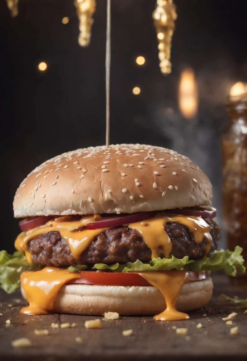 A burger falling in pieces juicy, tasty, hot, promotional photo, intricate details, hdr, cinematic, adobe lightroom, highly detailed