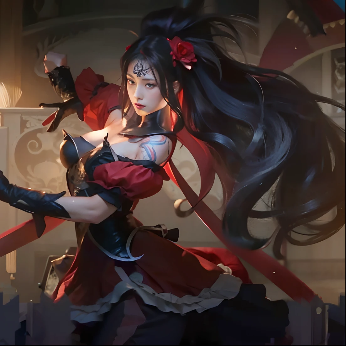 ((masterpiece)), ((best quality)), ((HD 4k)) ((realistic1.2)),mature girl, red dress, black hair, long hair, tattoo