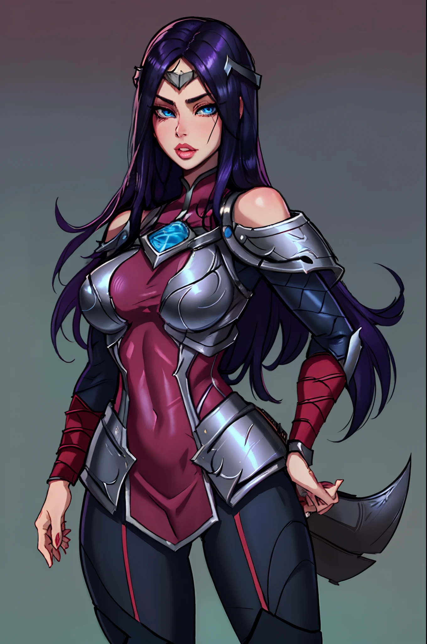 1girl, long hair, ((blue eyes)), solo, black hair, Irelia, looking at viewer, purple hair, armor, lips, shoulder armor, symmetrical eyes, sexy pose, medieval background, medium breasts, portrait, best quality, master piece