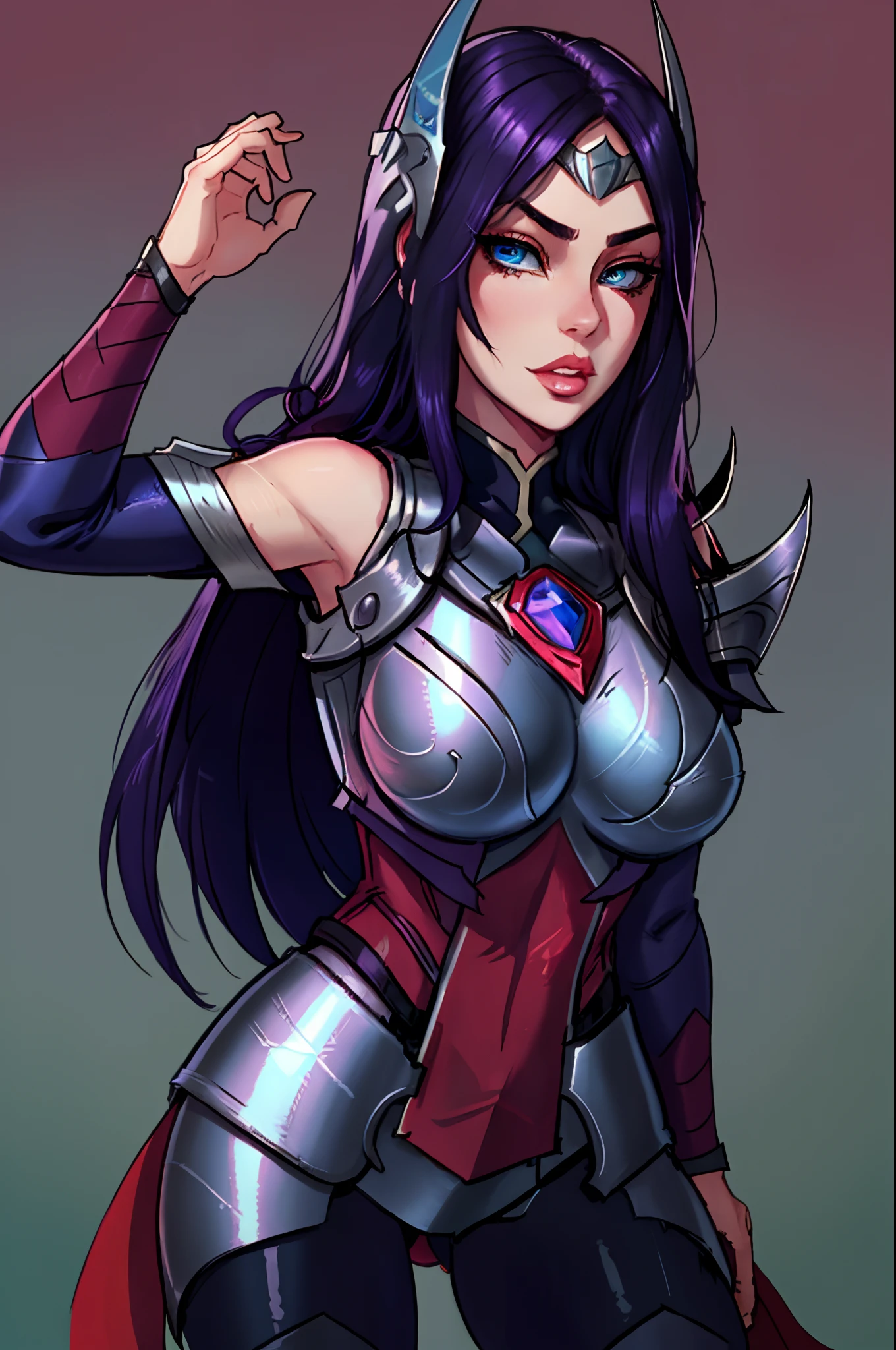 1girl, long hair, ((blue eyes)), solo, black hair, Irelia, looking at viewer, purple hair, armor, lips, shoulder armor, symmetrical eyes, sexy pose, medieval background, medium breasts, portrait, best quality, master piece