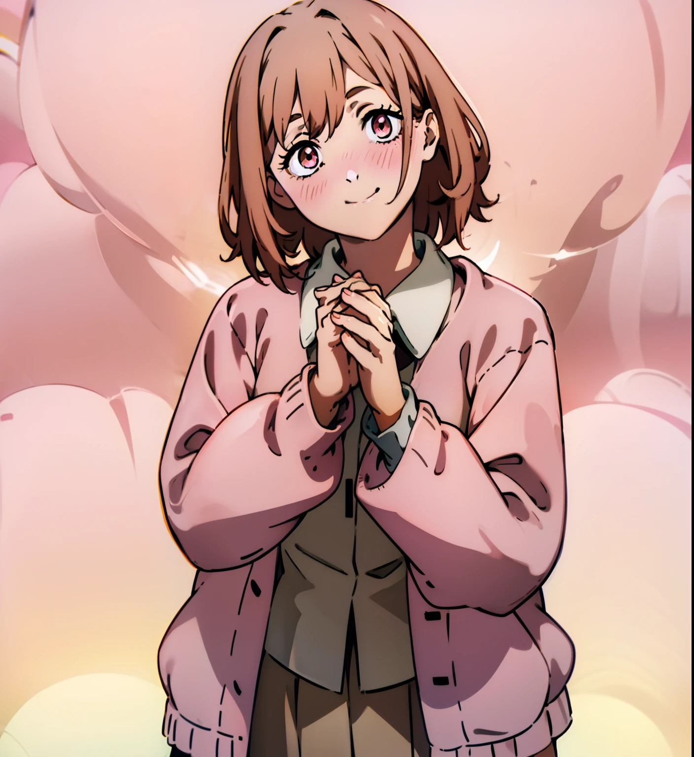 Short brown hair, messy hair, cute outfit, brown cardigan, long sleeves covering hands, button up white undershirt, grayish pink skirt, smile, cute, non-binary, kawaii, light pink eyes, eyelashes, blush, smile