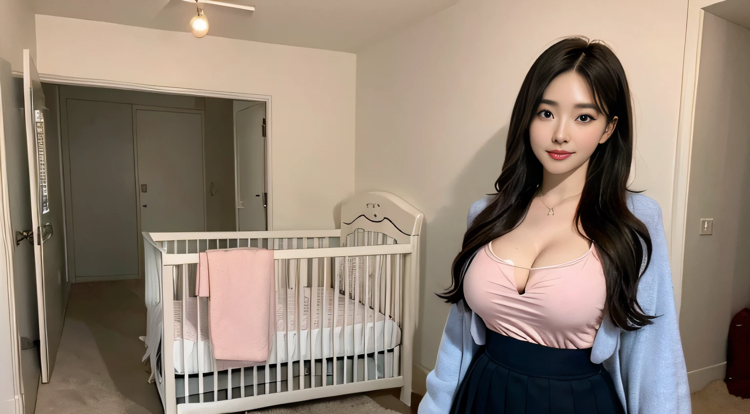 (masterpiece:1.3), (8K, Photorealsitic, Raw photography, Top image quality: 1.4), Japan high school girls、fullbody photo, (long hairstyles:1.2)、cleavage of the breast:1.2、Super Detail Face、diaper station, Eye of Detail、二重まぶた、full body photo 、arrogant smile, flawless, detailed background, 女の子 1 人、 (dark straight hair)、(Glamurous body)、thighs、(huge breasts)、二重まぶた、wear a elegant suit、Nursery day care center black skirt, diaper packs, open-shirt, baby modern design room、pink and blue details, The upper part of the body、diaper on the table, full bodyesbian, white crib in the background, standing in the middle, baby room, kids decorations, distant photo showing all the baby room, diaper changing table next to the crib