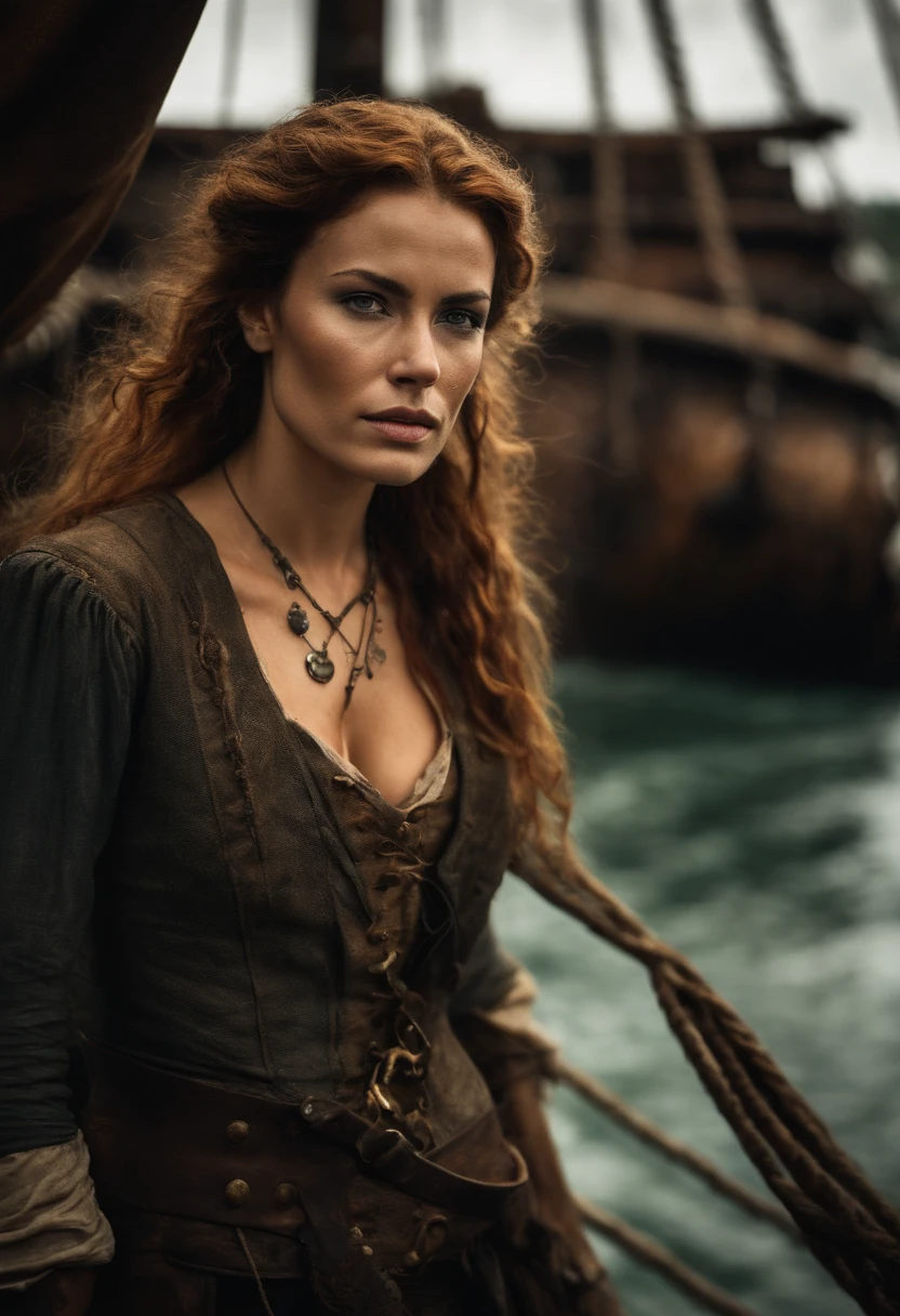 dramatic lighting, highest quality, Cinematic film still, (attractive Anne Bonny, wearing dirty tattered pirate attire, standing on the deck of pirate ship docked at Caribbean port), grimy, dark atmosphere, toned body, (ripped clothing:0.8), perfect face, looking at viewer, (detailed skin), [tattoos], [freckles], ((dirty)), (muddy), (storm clouds:0.7), (stormy weather:0.5), dull, natural lighting, (direct light:0.4), 8mm film grain, photographed on a Sony a9 II, 24mm lens, F/2.8 aperture, deep focus, (RAW), 8k, (still from The Lost Pirate Kingdom)