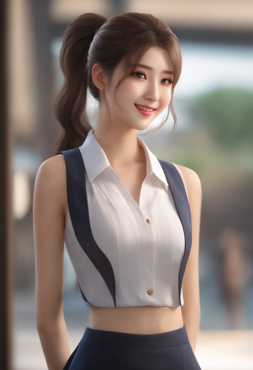 Sleeveless, Ponytail, Japan girls, 8K, Photo of the law, of the highest quality, masutepiece, Realistic, Photorealistic super detail, One girl, Cute, Best Smile, Beautiful eyes, Long hair, Perfect facial features,