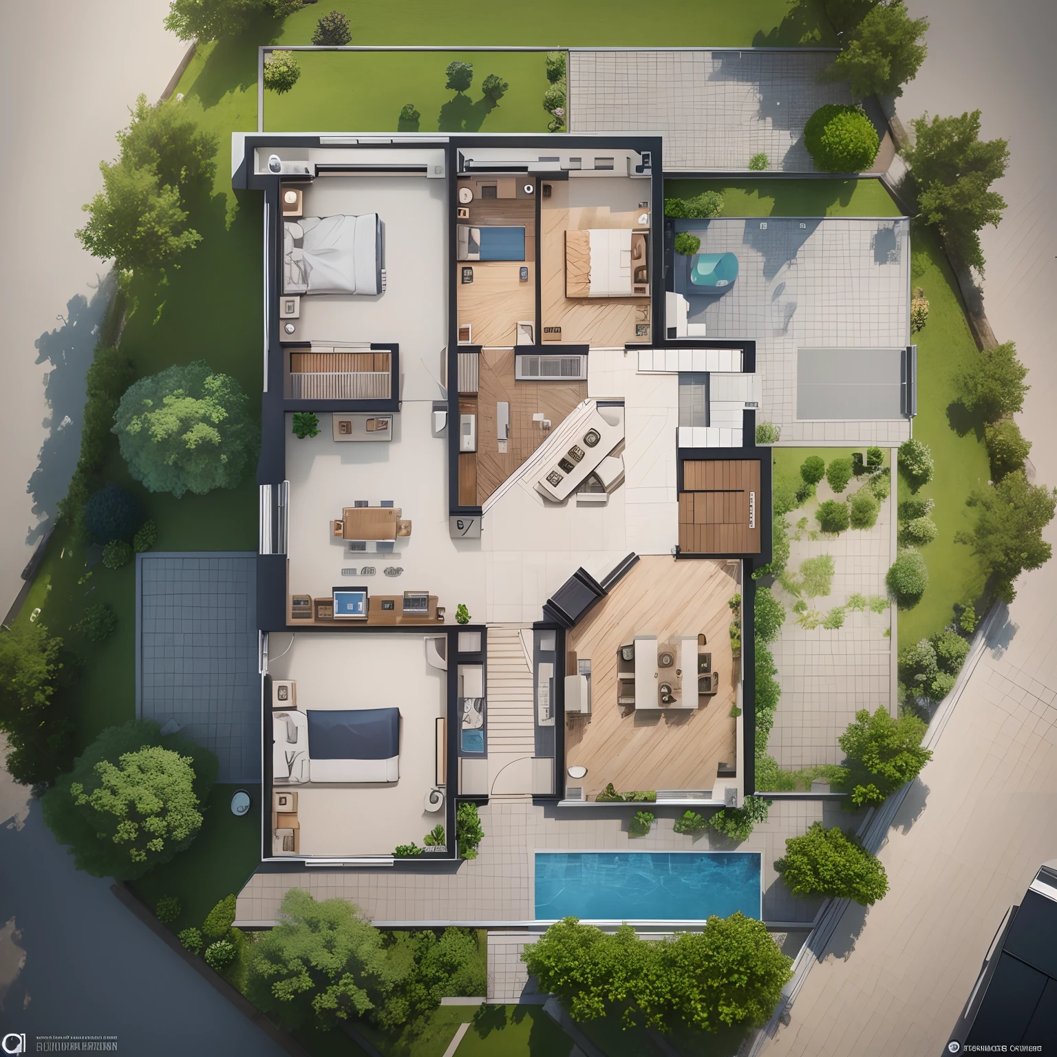 vector art, hd high res ultra high quality top view plan small modern villa,garage,car,pool,ghazebo,water fall, auto cad floor plan drawing, perfect composition, beautiful detailed intricate insanely detailed octane render trending on artstation, 8 k artistic photography, photo realistic concept art, soft natural volumetric cinematic perfect light, chiaroscuro, award - winning photograph, masterpiece, 2d rendering, top view plan