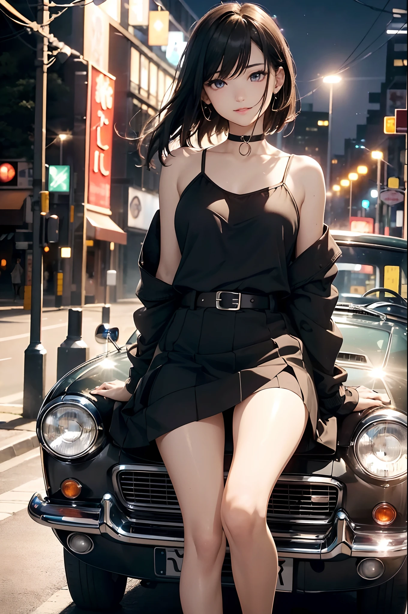 (Official art、Best Quality、Unity 8k Wallpapers、32K、masterpiece、ultra-detailliert、超A high resolution、realisitic、Photorealsitic:1.2)、(Cinematic lighting:1.2)、Fireglow effect、film grains、Best Shadows、Rim lighting、side lights、sideshot、(Ultra-detailed and complex 3D rendering)、Detailed beautiful face and eyes、A slender、Medium bust、(Full body:1.2)、 Highly detailed background、beauitful face、blurry backround、16-year-old beautiful girl、(super detailed skin、detailed skin textures:1.3)、chestnut bristles、Brown-eyed、Hip Hop Cable、off shoulders、jumper skirt、Black stockings、(thighs thighs thighs thighs:0.8)、Knitted sandals、City at night、Open your mouth and smile gently、a choker、dynamicposes、(Classic car on woman background、Woman illuminated by headlights:1.2)