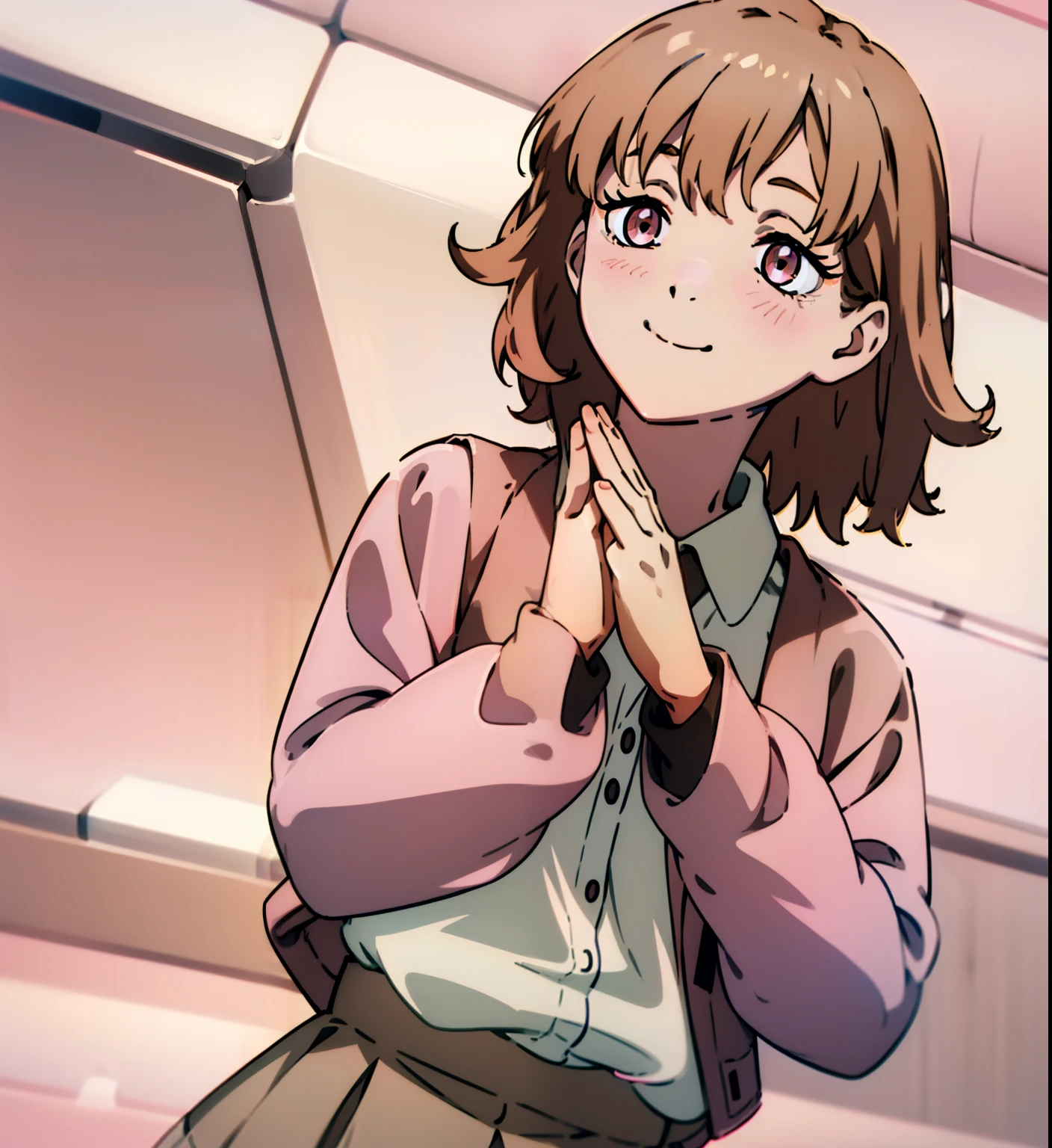 Short brown hair, messy hair, cute outfit, brown cardigan, long sleeves covering hands, button up white undershirt, grayish pink skirt, smile, cute, non-binary, kawaii, light pink eyes, eyelashes, blush, smile, one person