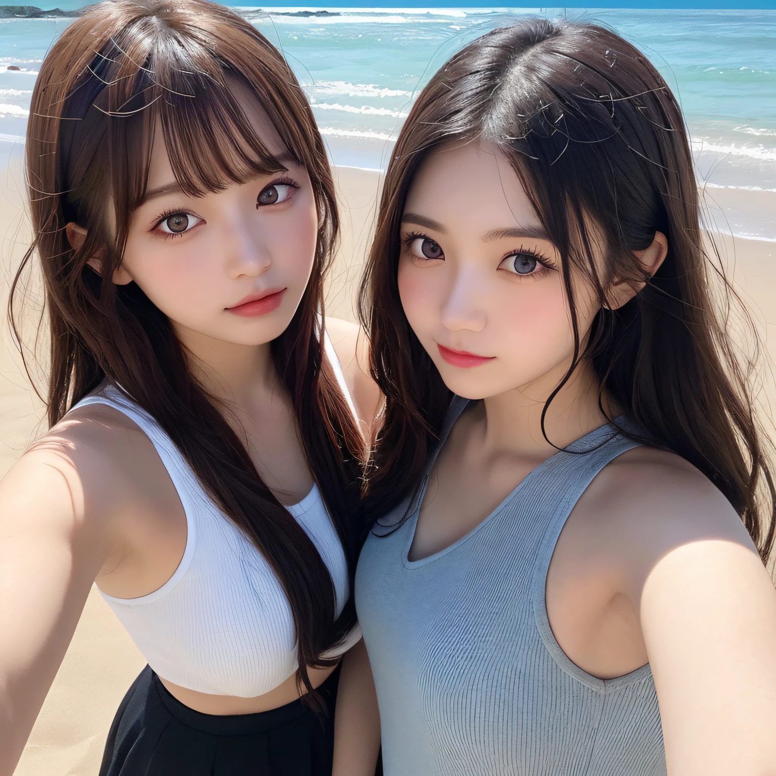 2 girls, ,masutepiece, Best Quality, Illustration, Ultra-detailed, finely detail, hight resolution, 8K Wallpaper, Perfect dynamic composition, Beautiful detailed eyes,  Natural Color Lip,Beach, Random and cute poses, selfie photo