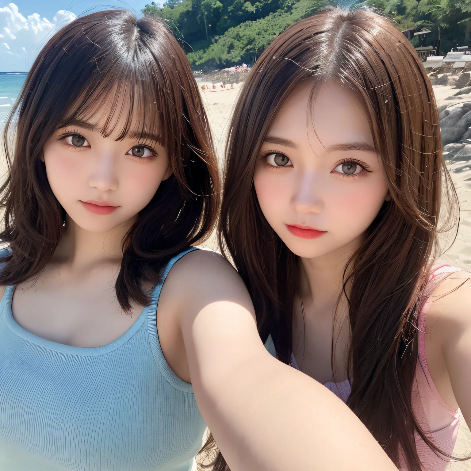2 girls, ,masutepiece, Best Quality, Illustration, Ultra-detailed, finely detail, hight resolution, 8K Wallpaper, Perfect dynamic composition, Beautiful detailed eyes, Natural Color Lip,Beach, Random and cute poses, selfie photo