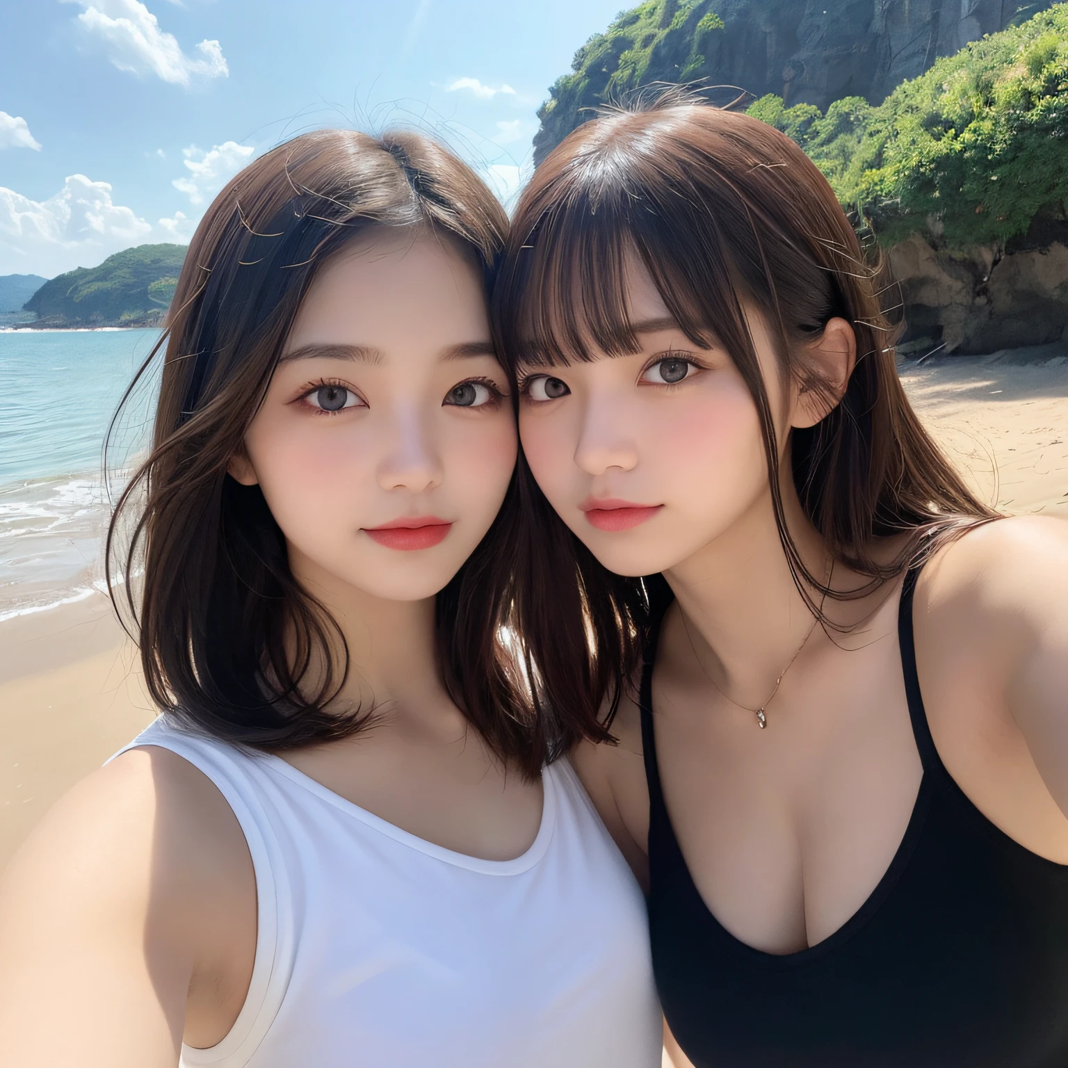 2 girls, 17 age,masutepiece, Best Quality, Illustration, Ultra-detailed, finely detail, hight resolution, 8K Wallpaper, Perfect dynamic composition, Beautiful detailed eyes,  Natural Color Lip,Beach, Random and cute poses, selfie photo