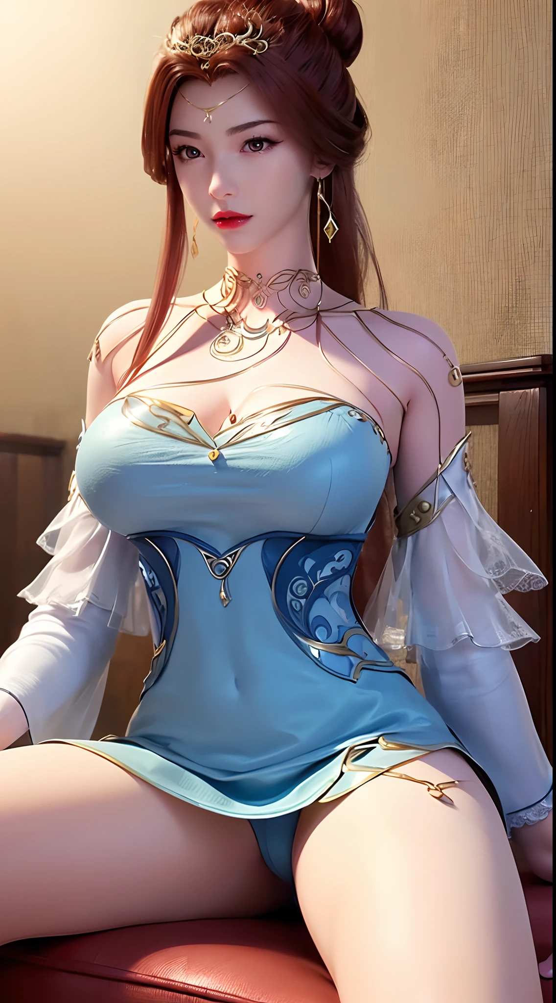 1 beautiful and sexy 20 year old girl, ((wear Blue antique nightgown is super invisible and sexy:1.6)), not wearing pants, sexy hanfu style, waist-length brown hair, jewelry elaborately made from precious stones and beautiful hair, ((wearing a 24k gold lace necklace:1.4)), the noble, noble style of an extremely beautiful girl, her small face is super cute, her face is very pretty, thin eyebrows, flawless beautiful face, ((black eye pupils: 0.8)), very beautiful eyes, ((brown eyes: 1.6)), (((big round eyes:1.6))), nice makeup and hair detailed eyelashes, steamy eye makeup, high nose, earrings, red lips, ((closed mouth: 1.5)) beautiful lips, slim hands, most beautiful thighs, ((arms spread out to the sides: 1.5)), rosy face, clean face, flawless beautiful face, smooth white skin, (big breasts: 1.5)), tight breasts, beautiful cleavage, (((big breasts and super round: 1.8))), beautiful breasts, perfect body, back arms, chest out, ((sitting position, leaning back with hands behind and chest raised high: 1.8)), ((Open your legs:1.5)), not ashamed, 8k photo, super high quality, super realistic, super 10x pixels, optical, bright studio, bright edges, dual-tone lighting, (high-detail skin:1.2), super 8k, soft lighting, high quality, volumetric lighting, photorealistic, photorealistic high resolution, lighting, best photo, 4k, 8k quality, smooth sharp, 10x pixel, ((Romantic bedroom and white bed background:1.5)), aurora, lightning, super graphics realistic, most realistic graphics, 1 girl, alone, solo, Extremely sharp image, surreal, (((upper body: 1.5)))."