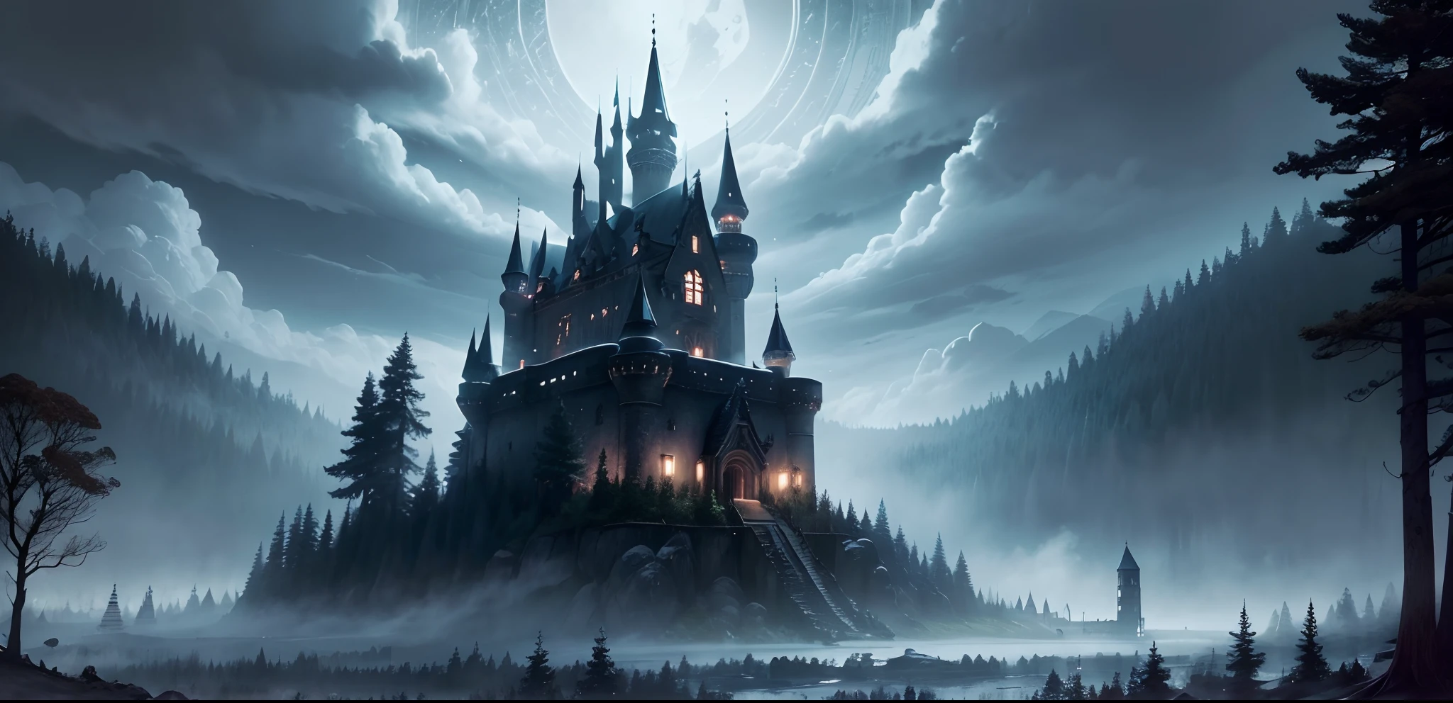 An old castle in a dark forest、A hyper-realistic、Yuki、Horror Landscape Photography、Harsh atmosphere、Moonlight Forest、Fantasia、magia、Flying bats、4K、Cinematic、elegent、mid night、forest at night、Many tall trees around the castle々、Delicate background、