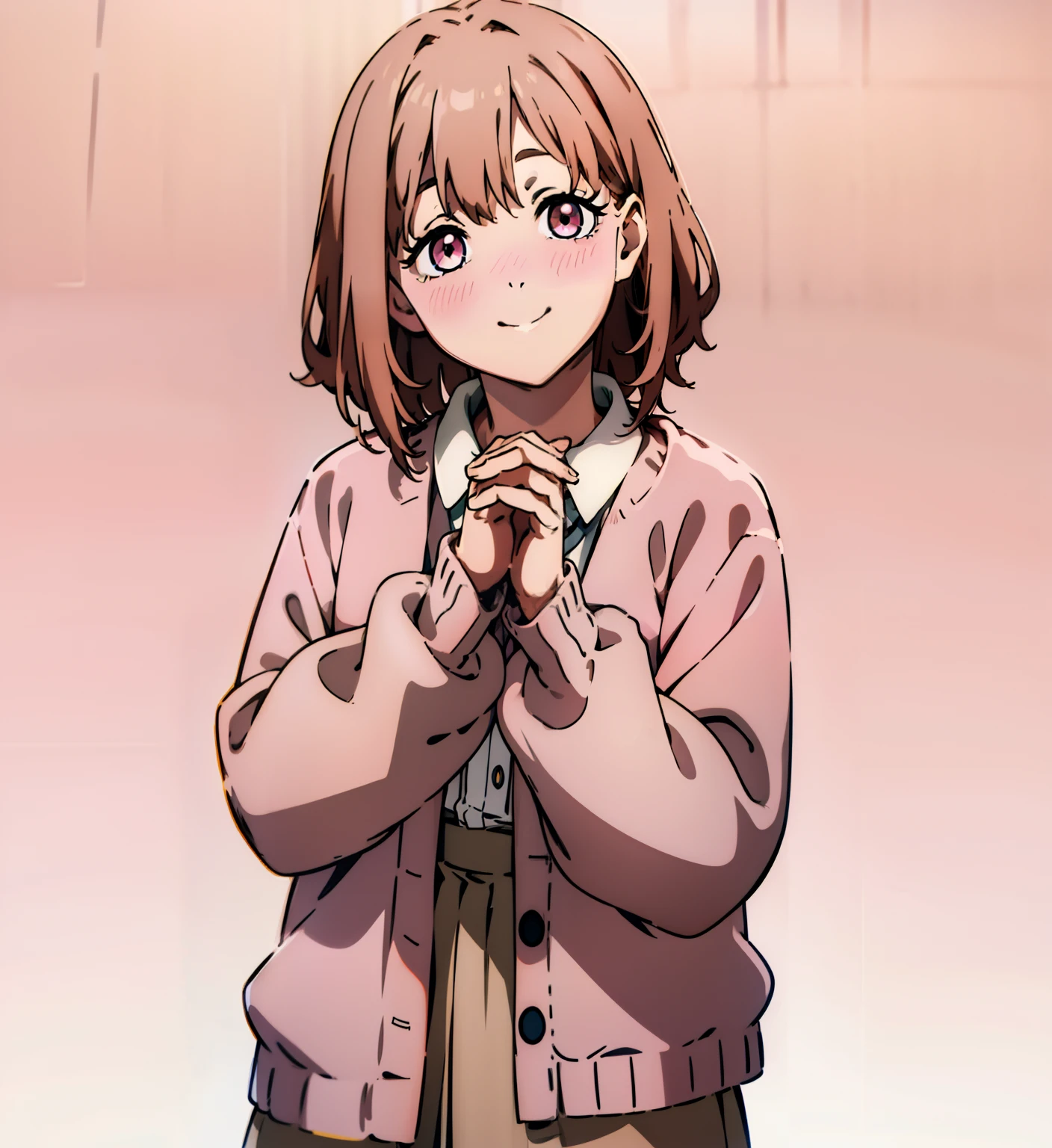 Short brown hair, messy hair, cute outfit, brown cardigan, long sleeves covering hands, button up white undershirt, grayish pink skirt, smile, cute, non-binary, kawaii, light pink eyes, eyelashes, blush, smile, one person