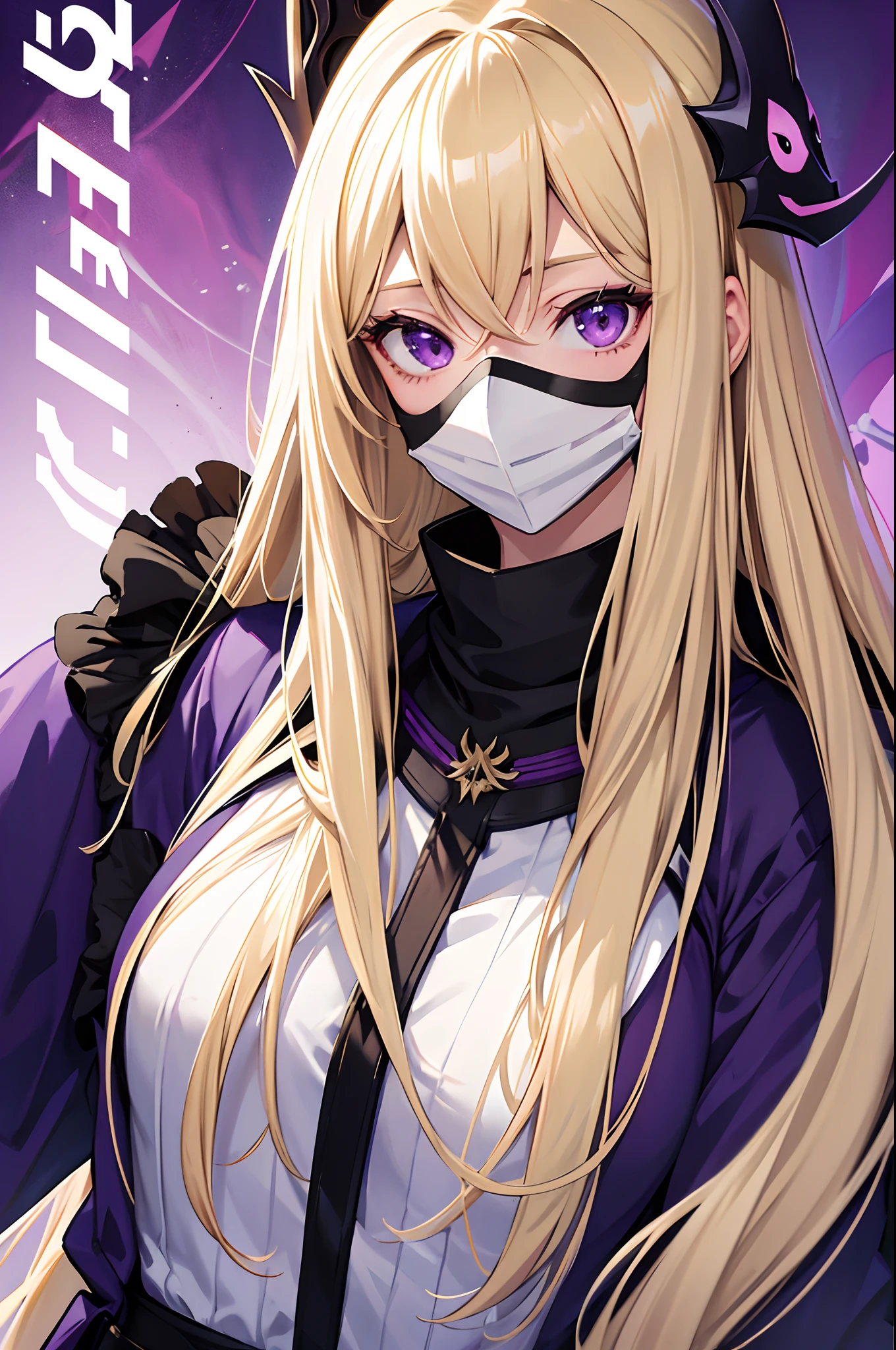 Cover magazine, anime, Adul woman, woman, solo, long hair, blonde hair, purple eyes, white mask, smile mask, model, beautiful, half body potrait, fantasy, casual clothes, Onee-san, headshot, misterius, full mask, white iron mask, phantom mask