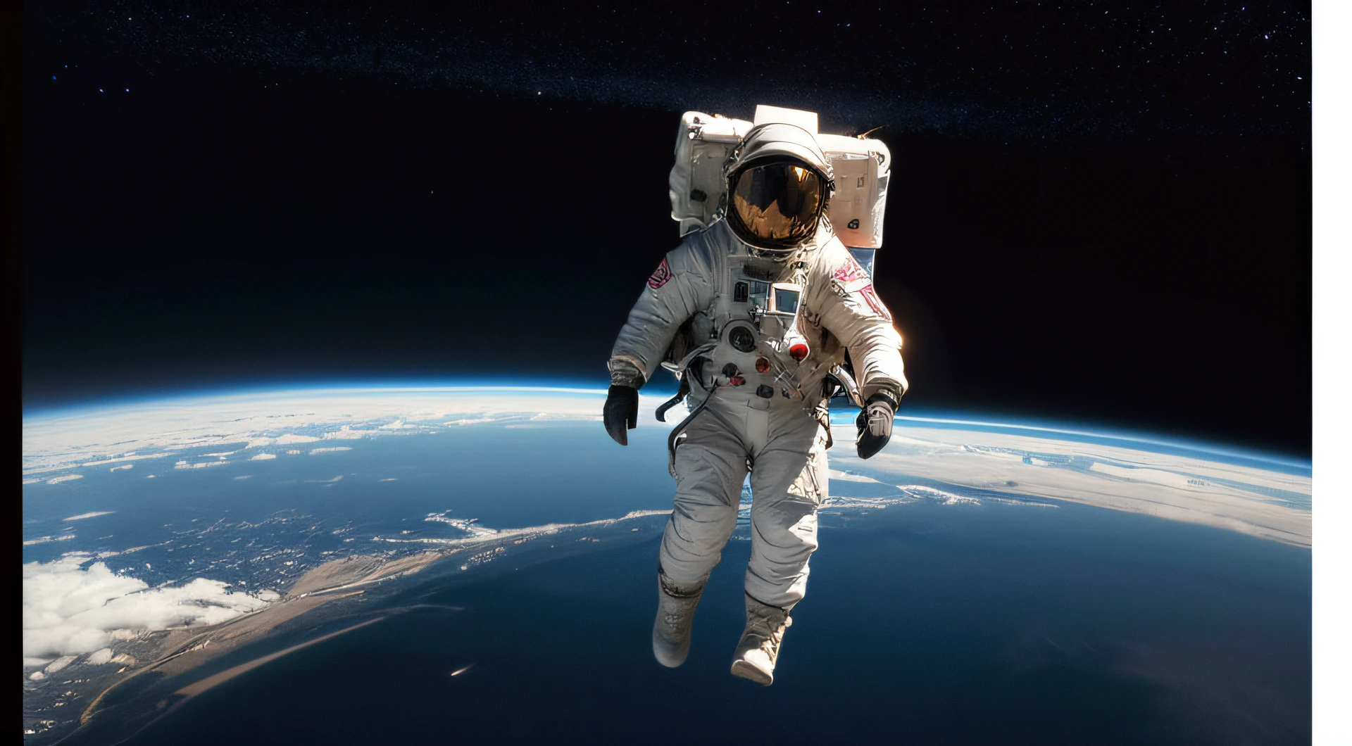 a picture、(Photorealsitic:1.4)、(hyper realisitic:1.4)、(Cinematic:1.5)、A space station、planet earth、space astronaut、SOLO、space walk、helmets、space suits、lifeline、Being far away、very far from camera