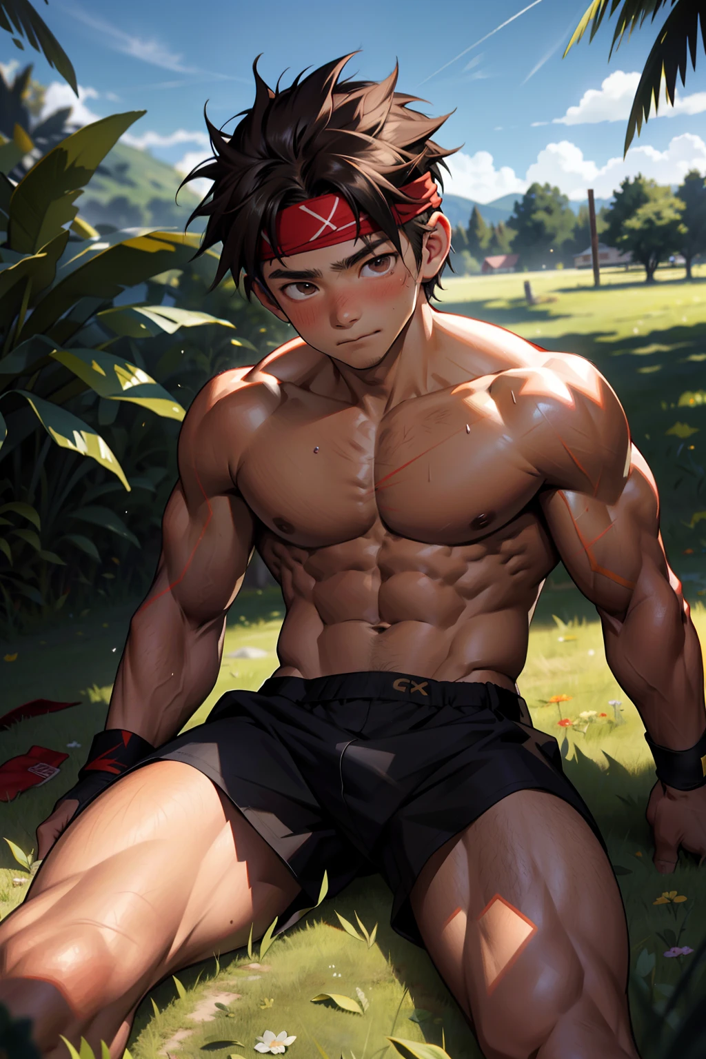 (Masterpiece, Best quality 12 year old boy,Shota), 1boys, (((Young,Shota))),Muscular, Short hair, with brown eye, Intricate, Grass, full bodyesbian, Shirtless, Muscles sparkle in the sun,Naked boy,((toddlers)),Black underwear, Red headband, Vivid colors,(Depth of field:1.2),(Abs),Blush, view the viewer, lying on the grass ground,Being sexually assaulted