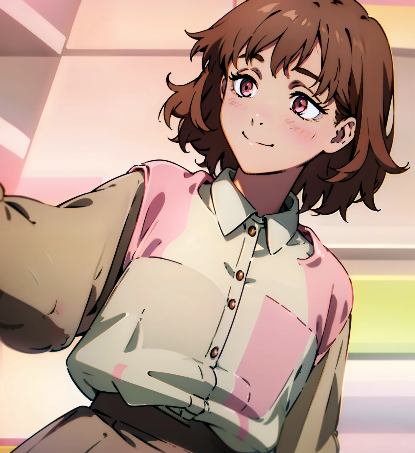 Short brown hair, messy hair, brown hair, cute outfit, brown cardigan, long sleeves, button up white undershirt, grayish pink skirt, smile, cute, non-binary, kawaii, light pink eyes, eyelashes, blush, smile, one person