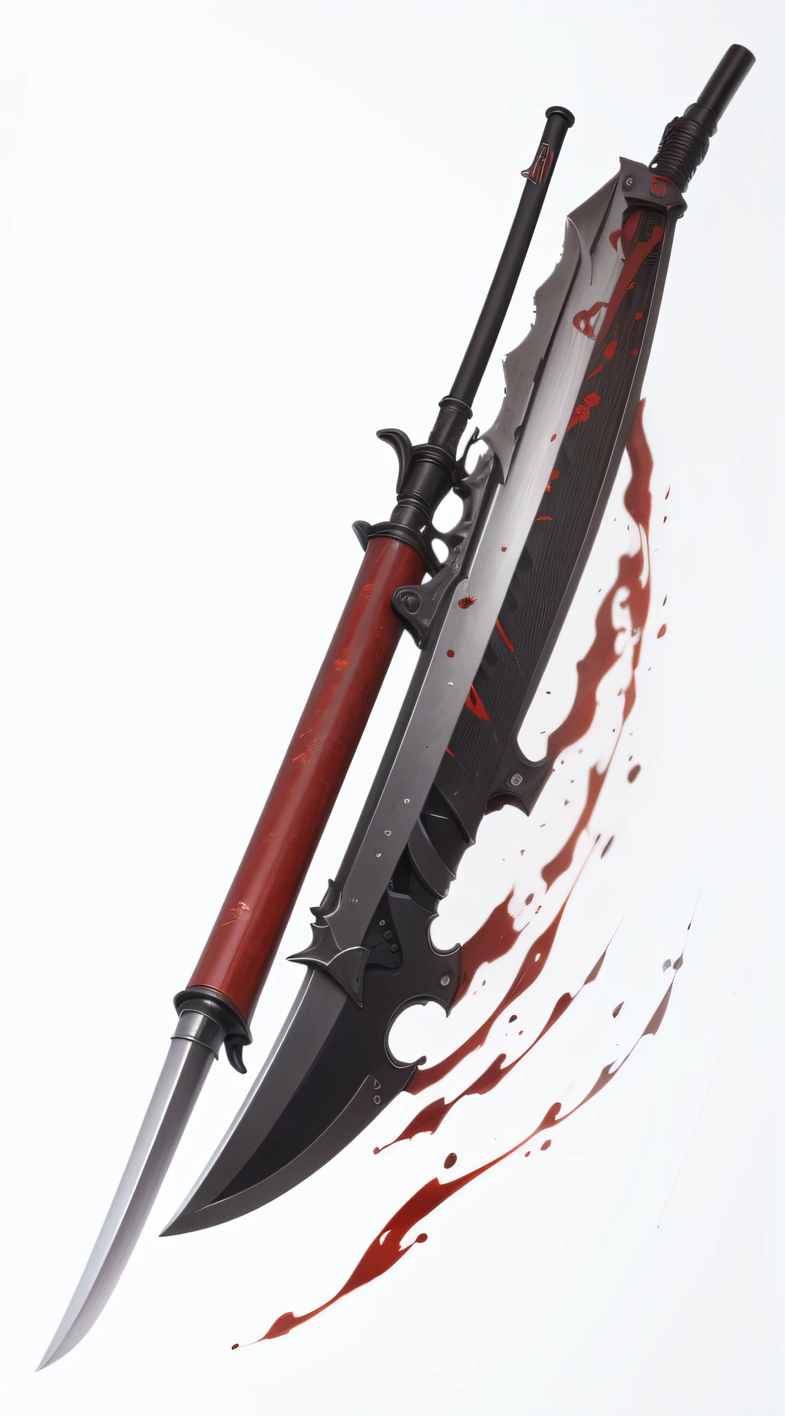 Japanese gun, Huge blade, Large silver blade at the tip., The rod in the holding part is long and reddish in color.