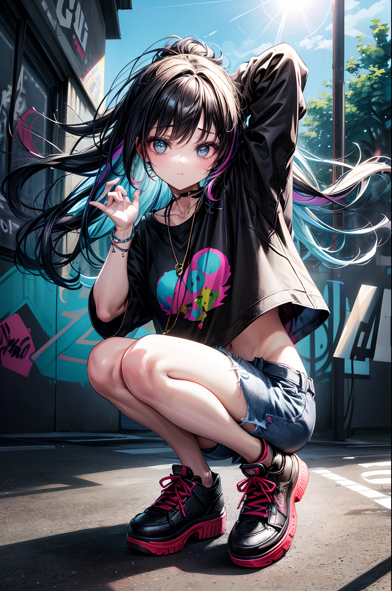 absurderes, hight resolution, ultra-detailliert, (1 girl:1.3)
1 colorful girl, (Oversized T-shirt:1.2), Vibrant Patterns, Layer Look, Ripped jeans, Platform sneakers, Chunky necklace, Bold makeup
break
Backlight, (Lens Flare:1.3), neon light, graffiti wall, streetart, psychedelic colors, surreal atmosphere, edgy style, ultra-detailliert, Best Quality,
Describe an artist at work, Uncover their creative process, Focus, And their passion for technology.