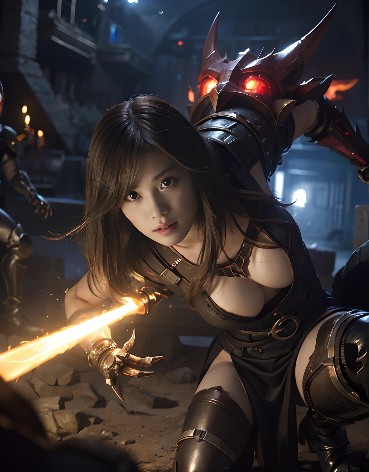 (One Knight Girl)、top-quality、masterpiece、超A high resolution、(Photorealsitic:1.4)、Raw photo、女の子1人、Fight mutants、(Wear the Dark Knight's Armor)、glowy skin、(((Dark Fantasy)))、With a beautiful sword and shield、(Black Metal Bodysuit)、(Fight goblins、ogre、Fierce battle with orcs),(Fight fiercely against aliens)、Fight fiercely、(Skeleton collective background),(Background of decaying dungeon ruins)、(Skeleton helmet)、(Fighting Demonic Beasts)、(Small LED)、((super realistic details))、portlate、(Strong giant demon beast background),globalillumination、Shadow、octan render、8K、ultrasharp、Colossal tits、Raw skin is exposed in cleavage、metals、Details of complex ornaments、Japan details、highly intricate detail、Realistic light、(Mystical expression),CGSoation Trends、Red Eyes、radiant eyes、Facing the camera、neon details、(Mechanical limbs)、(blood vessels connected to tubes)、()、Gundam、Small LED、Toostock、(Fight aliens on another planet)、(Attack of the Monster Beasts)、(Wounded in a deadly battle)、